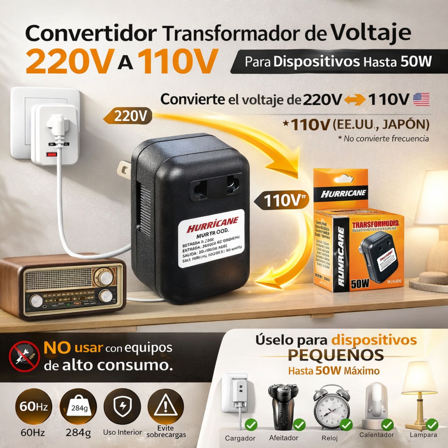 Convertidor de Voltaje 220V a 110V AC 50W para Equipos de Bajo Consumo - 2
