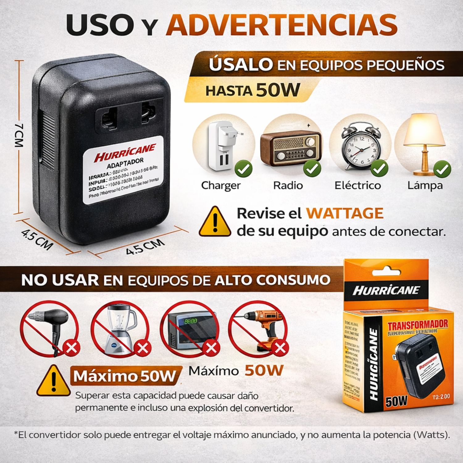 Convertidor de Voltaje 220V a 110V AC 50W para Equipos de Bajo Consumo - 4