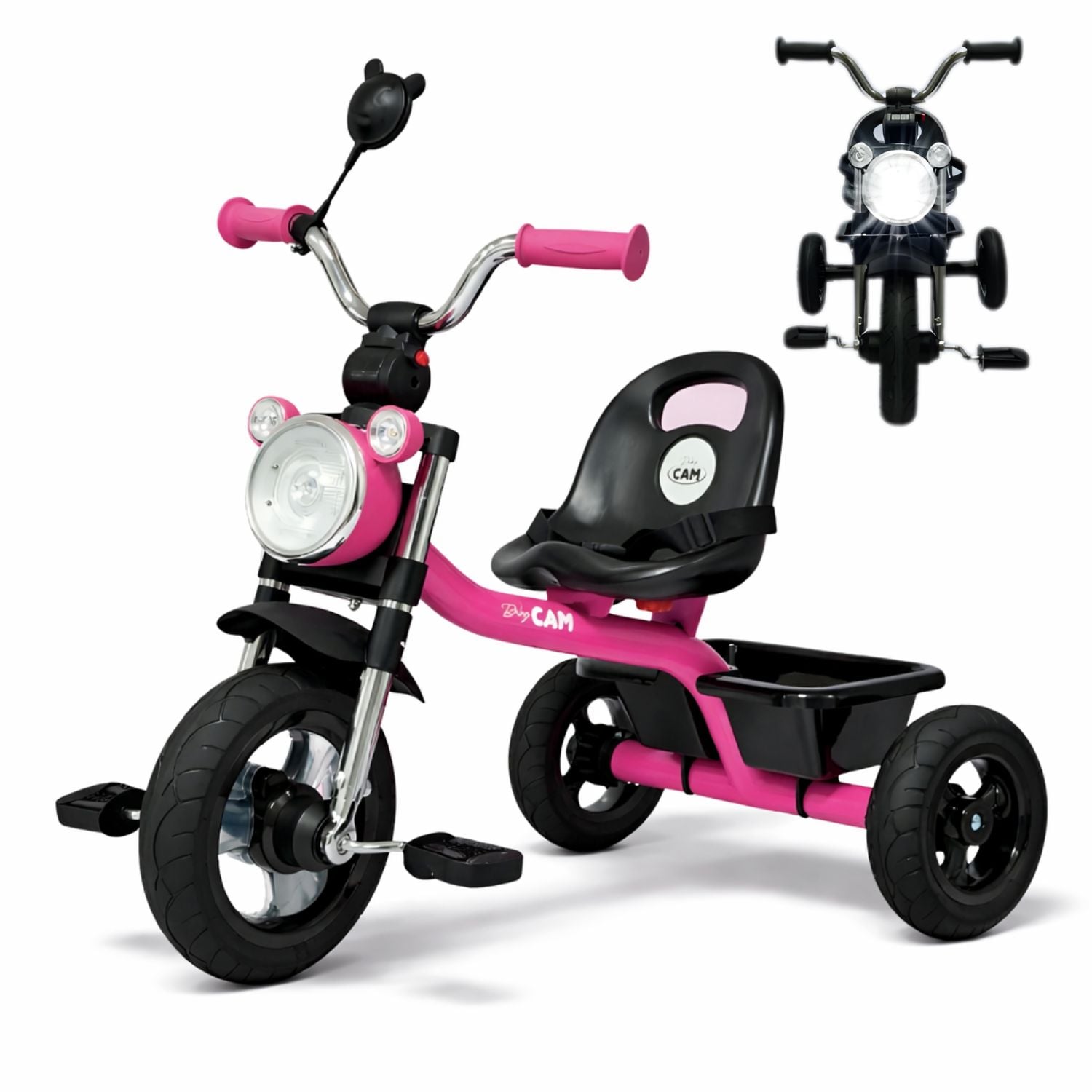 TRICICLO INFANTIL 3 RUEDAS PARA BEBÉS Y NIÑOS 1.5 A 5 AÑOS ESTILO MOTO BABY CAM CON ASIENTO, CINTURÓN Y CANASTA - 1