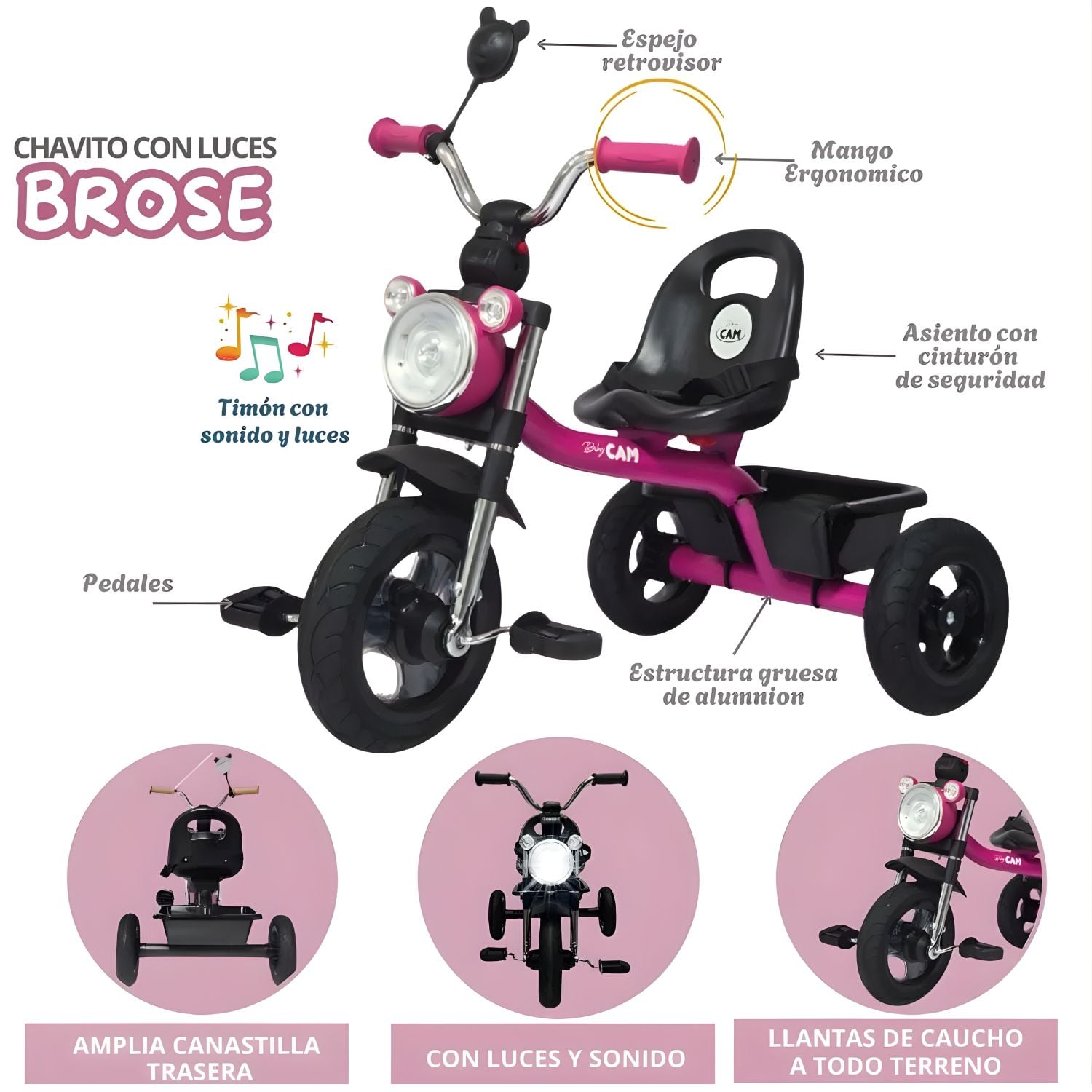 TRICICLO INFANTIL 3 RUEDAS PARA BEBÉS Y NIÑOS 1.5 A 5 AÑOS ESTILO MOTO BABY CAM CON ASIENTO, CINTURÓN Y CANASTA - 2