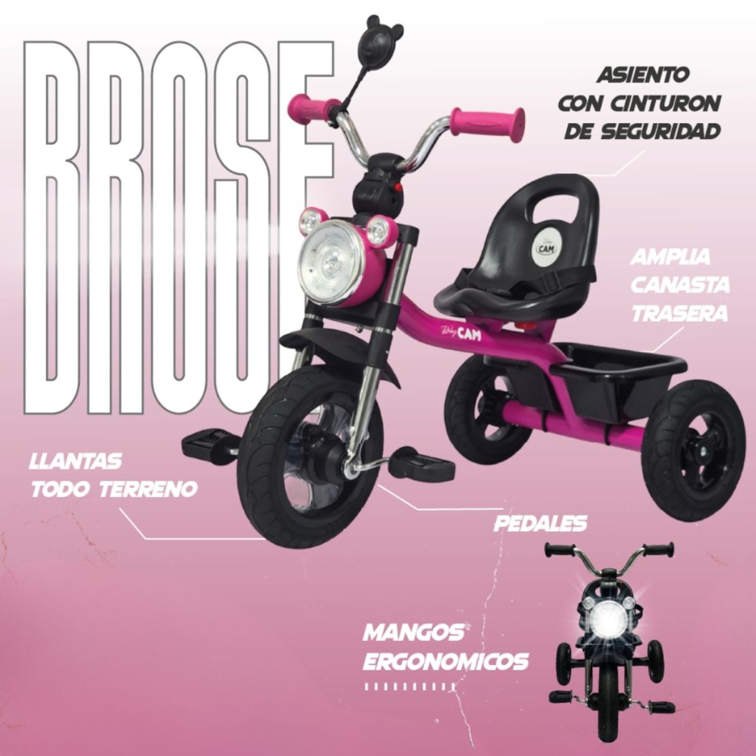 TRICICLO INFANTIL 3 RUEDAS PARA BEBÉS Y NIÑOS 1.5 A 5 AÑOS ESTILO MOTO BABY CAM CON ASIENTO, CINTURÓN Y CANASTA - 3