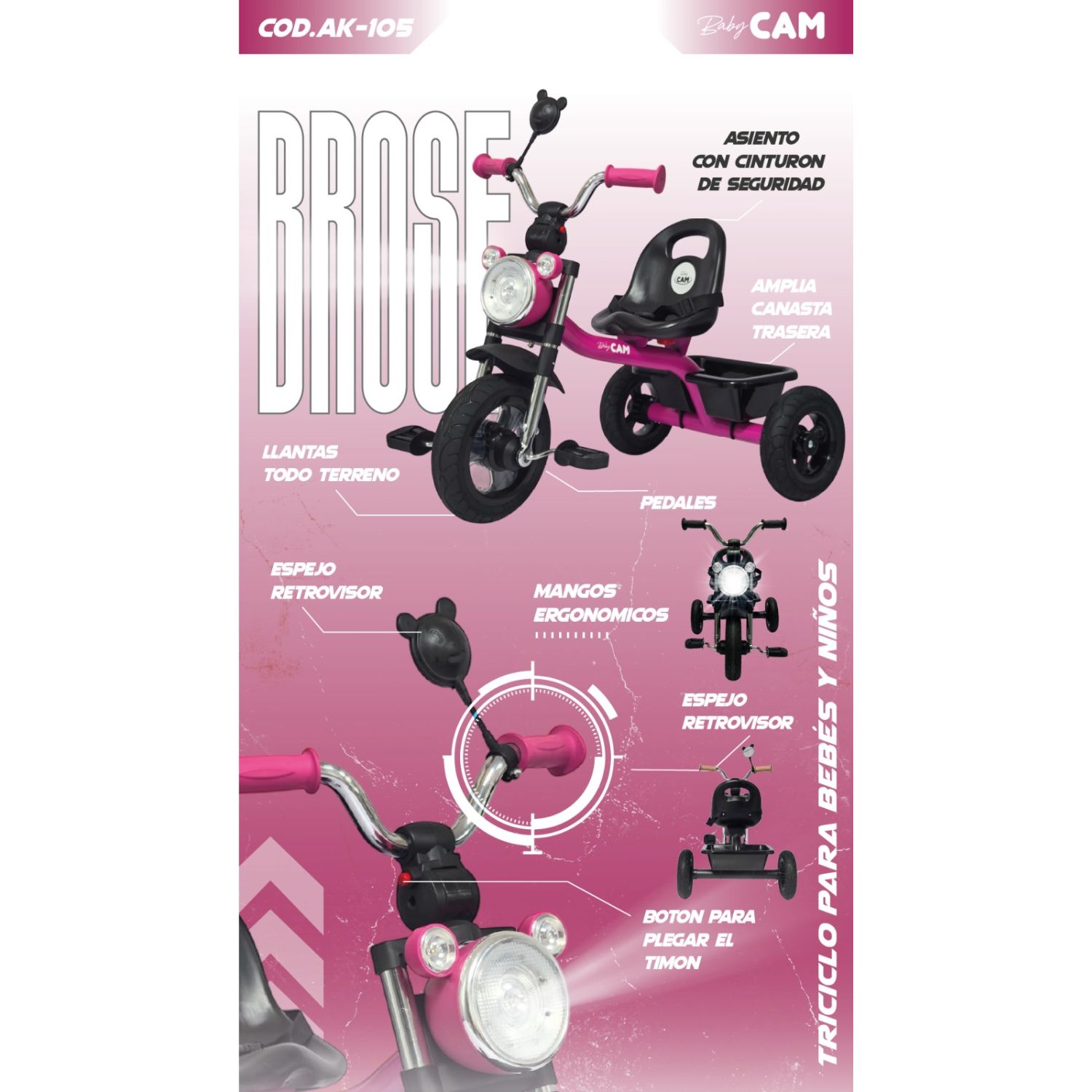 TRICICLO INFANTIL 3 RUEDAS PARA BEBÉS Y NIÑOS 1.5 A 5 AÑOS ESTILO MOTO BABY CAM CON ASIENTO, CINTURÓN Y CANASTA - 5