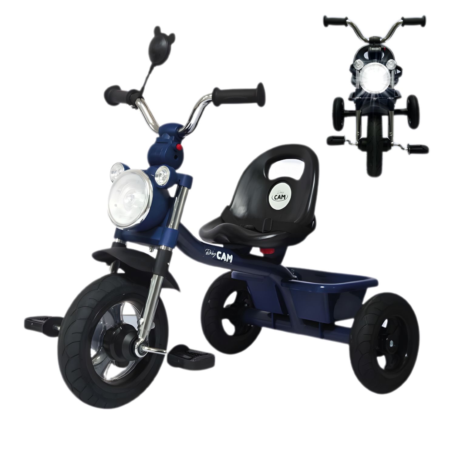 TRICICLO INFANTIL 3 RUEDAS PARA BEBÉS Y NIÑOS 1.5 A 5 AÑOS ESTILO MOTO BABY CAM CON ASIENTO, CINTURÓN Y CANASTA - 1