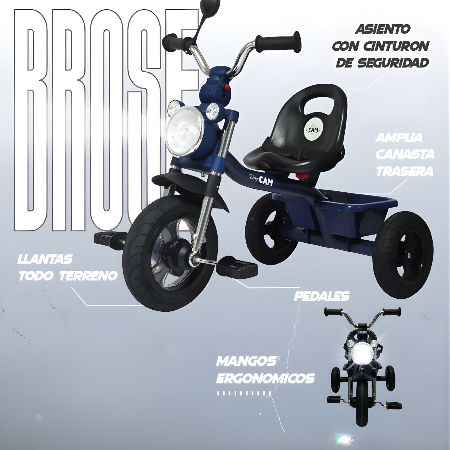 TRICICLO INFANTIL 3 RUEDAS PARA BEBÉS Y NIÑOS 1.5 A 5 AÑOS ESTILO MOTO BABY CAM CON ASIENTO, CINTURÓN Y CANASTA - 2