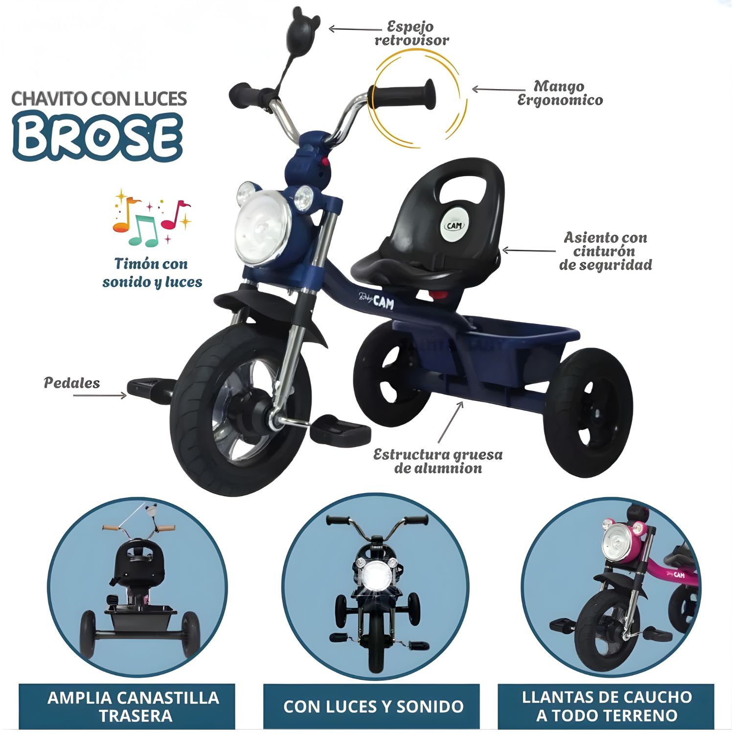 TRICICLO INFANTIL 3 RUEDAS PARA BEBÉS Y NIÑOS 1.5 A 5 AÑOS ESTILO MOTO BABY CAM CON ASIENTO, CINTURÓN Y CANASTA - 3