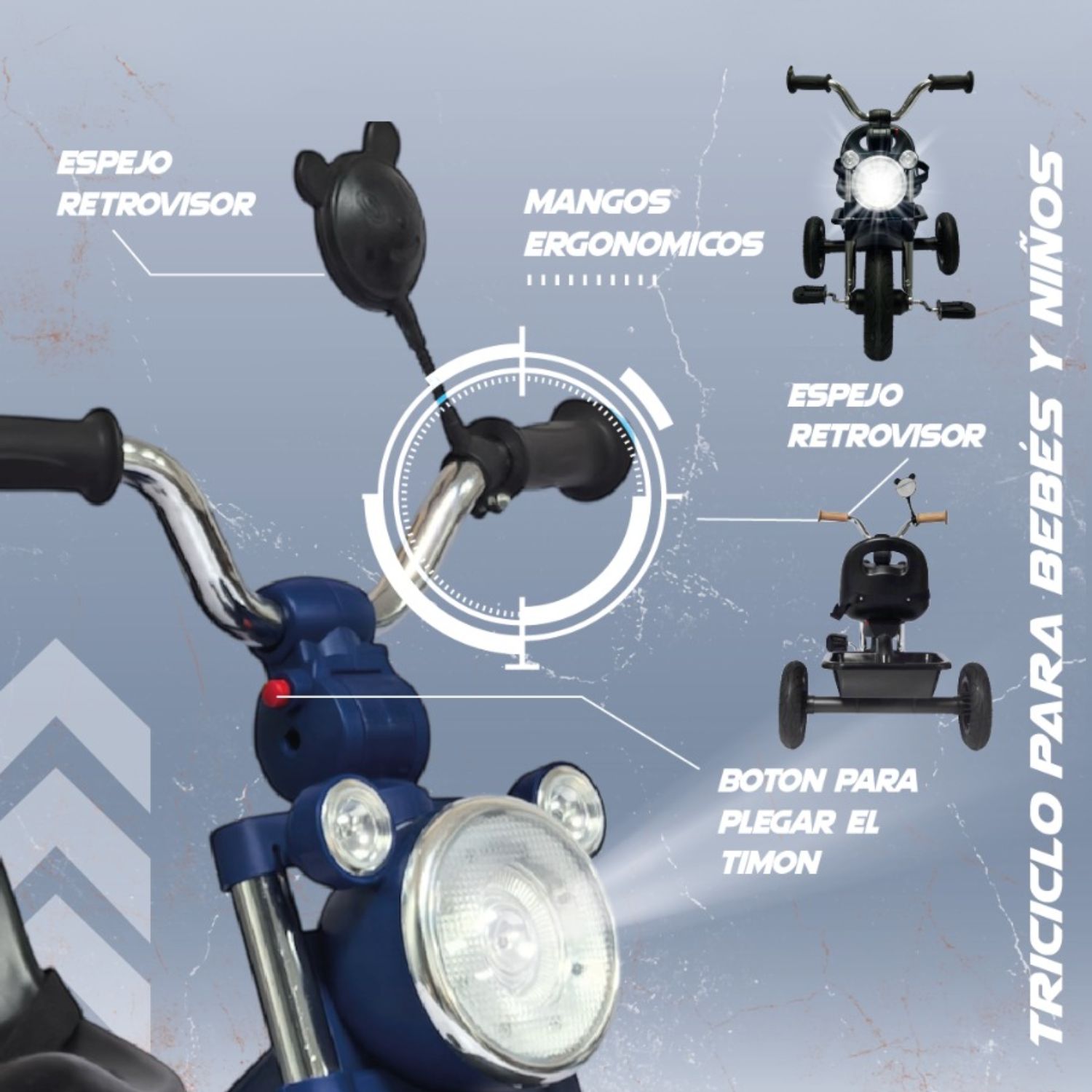 TRICICLO INFANTIL 3 RUEDAS PARA BEBÉS Y NIÑOS 1.5 A 5 AÑOS ESTILO MOTO BABY CAM CON ASIENTO, CINTURÓN Y CANASTA - 4