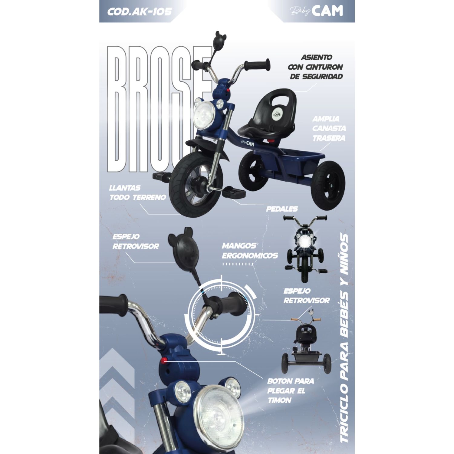 TRICICLO INFANTIL 3 RUEDAS PARA BEBÉS Y NIÑOS 1.5 A 5 AÑOS ESTILO MOTO BABY CAM CON ASIENTO, CINTURÓN Y CANASTA - 5
