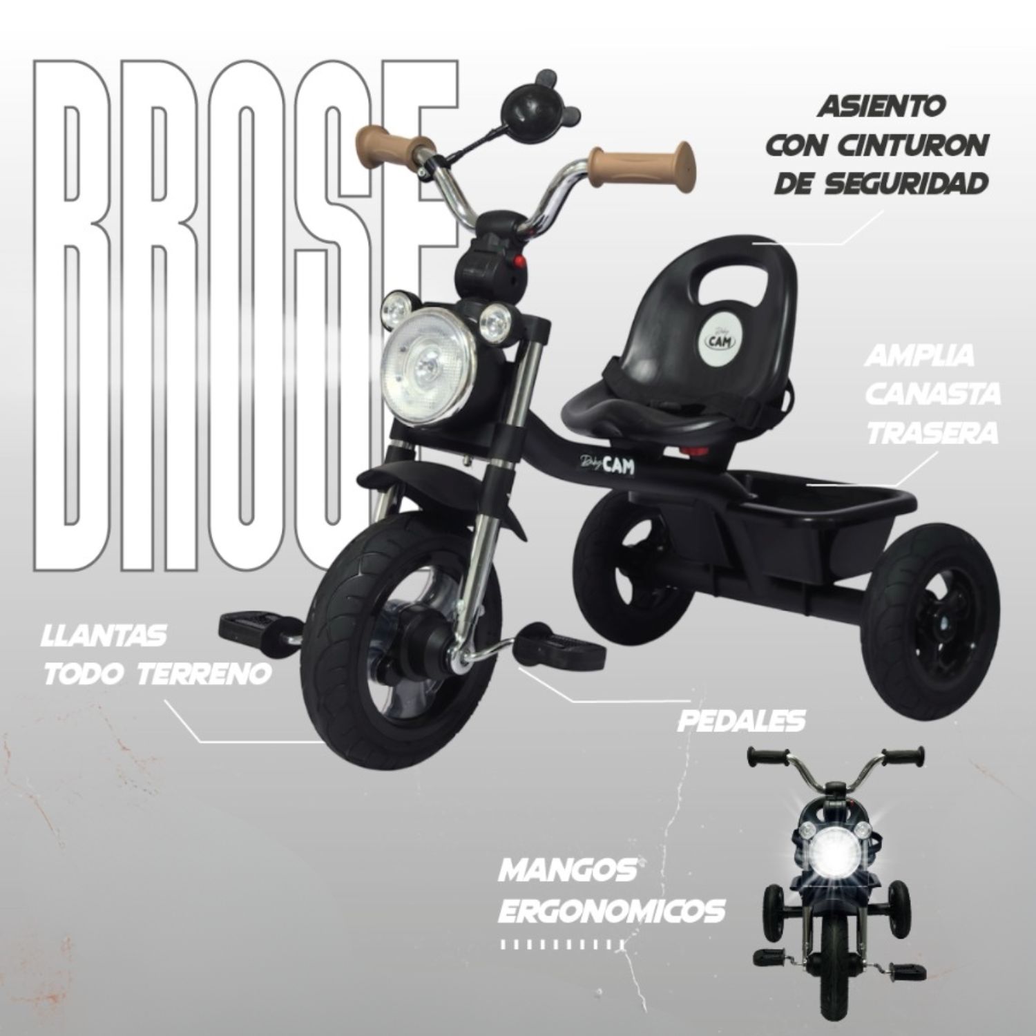 TRICICLO INFANTIL 3 RUEDAS PARA BEBÉS Y NIÑOS 1.5 A 5 AÑOS ESTILO MOTO BABY CAM CON ASIENTO, CINTURÓN Y CANASTA - 3