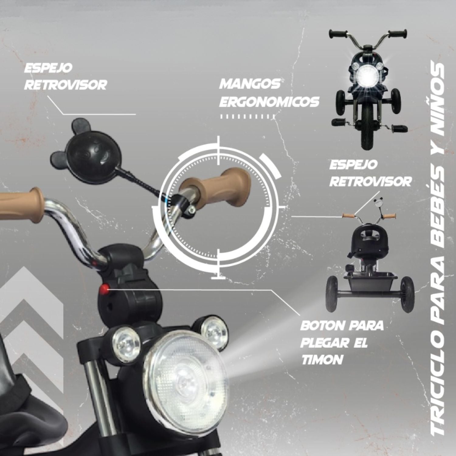 TRICICLO INFANTIL 3 RUEDAS PARA BEBÉS Y NIÑOS 1.5 A 5 AÑOS ESTILO MOTO BABY CAM CON ASIENTO, CINTURÓN Y CANASTA - 4
