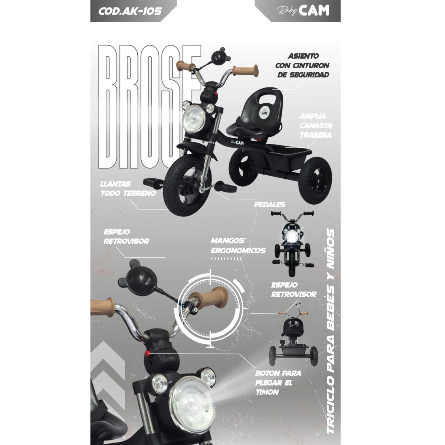 TRICICLO INFANTIL 3 RUEDAS PARA BEBÉS Y NIÑOS 1.5 A 5 AÑOS ESTILO MOTO BABY CAM CON ASIENTO, CINTURÓN Y CANASTA - 5