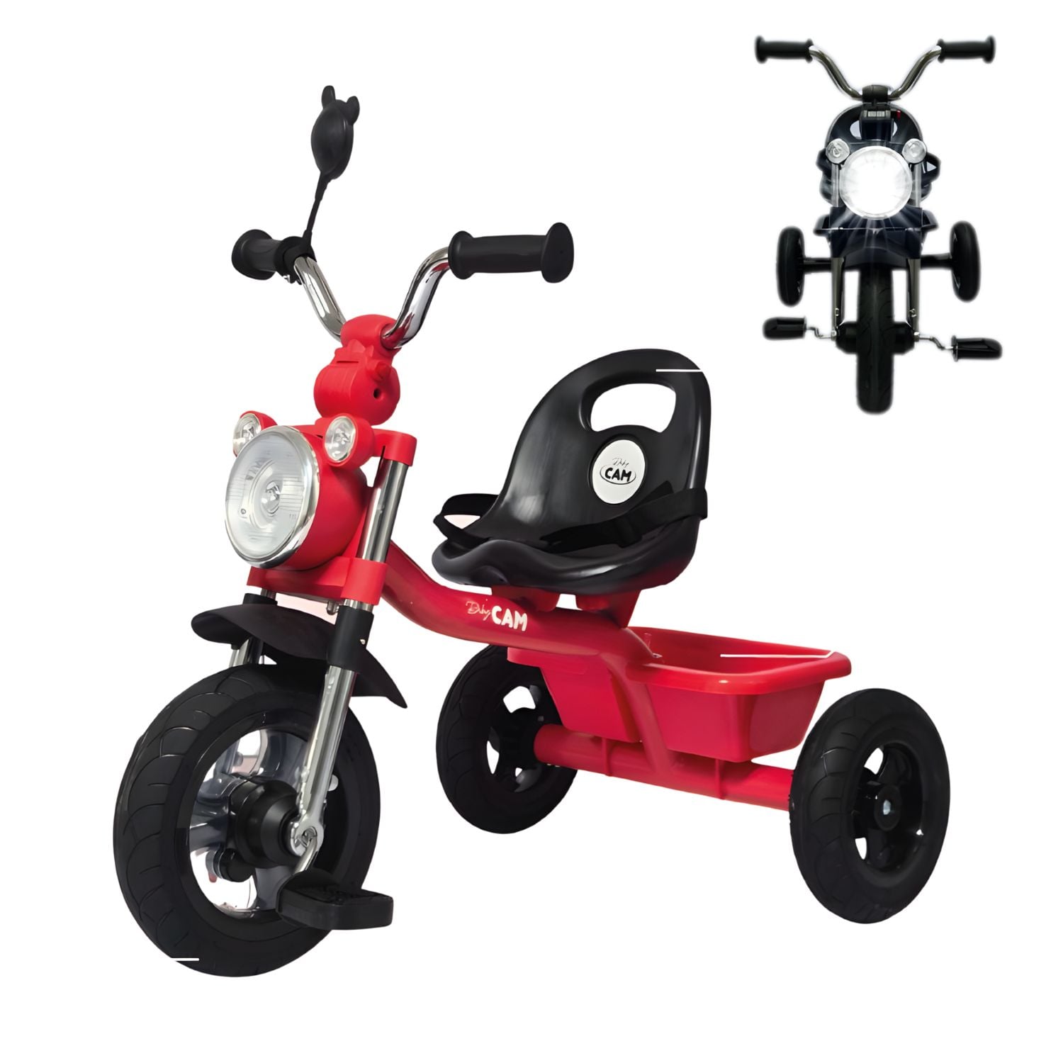 TRICICLO INFANTIL 3 RUEDAS PARA BEBÉS Y NIÑOS 1.5 A 5 AÑOS ESTILO MOTO BABY CAM CON ASIENTO, CINTURÓN Y CANASTA - 1