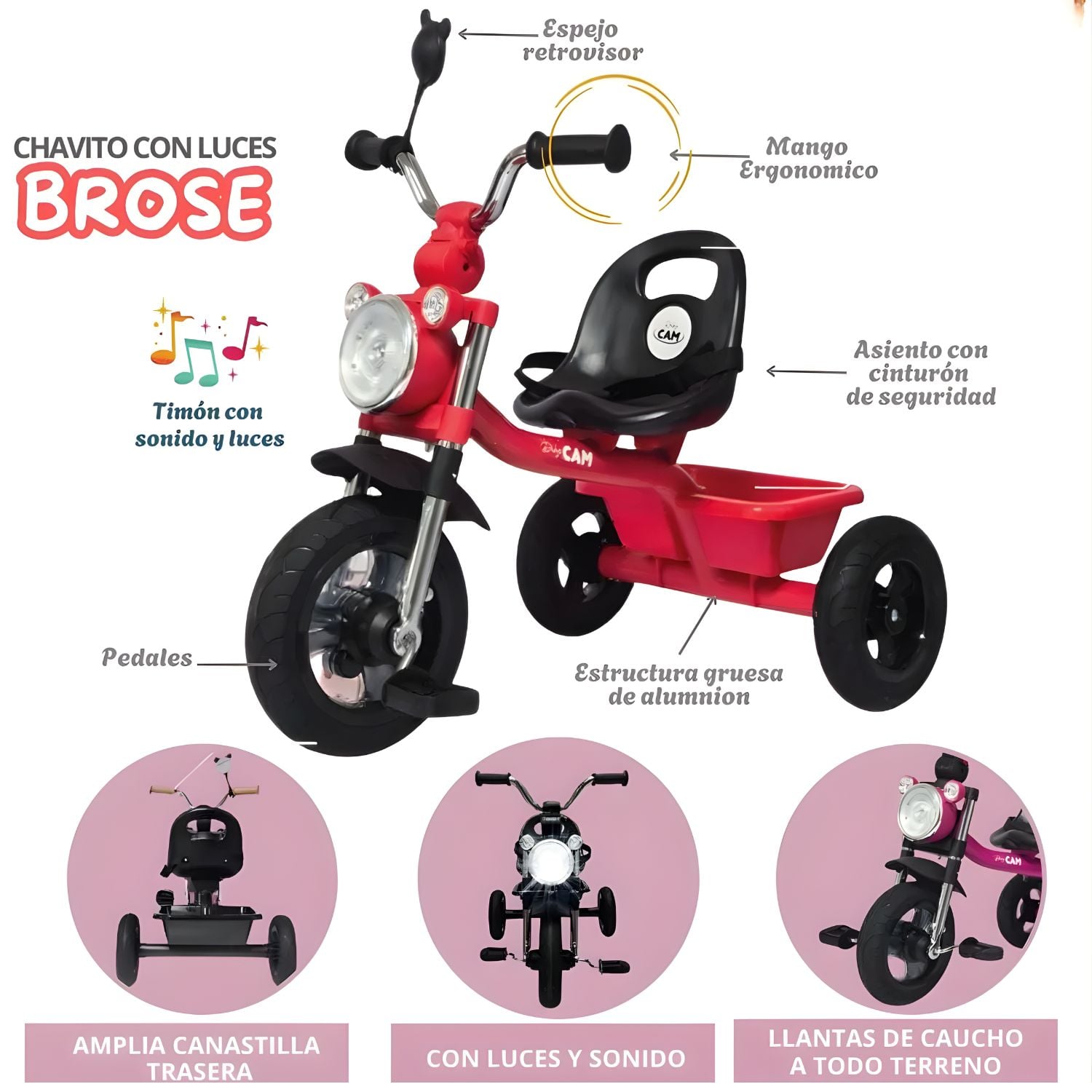 TRICICLO INFANTIL 3 RUEDAS PARA BEBÉS Y NIÑOS 1.5 A 5 AÑOS ESTILO MOTO BABY CAM CON ASIENTO, CINTURÓN Y CANASTA - 2