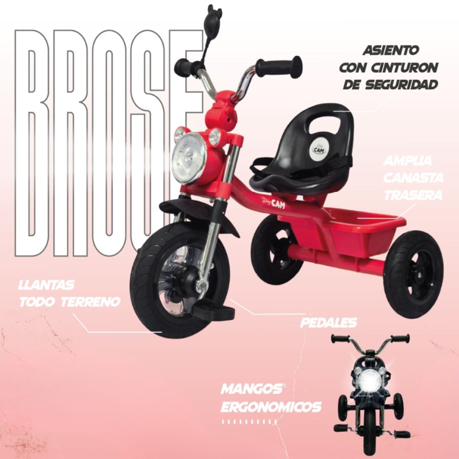 TRICICLO INFANTIL 3 RUEDAS PARA BEBÉS Y NIÑOS 1.5 A 5 AÑOS ESTILO MOTO BABY CAM CON ASIENTO, CINTURÓN Y CANASTA - 3