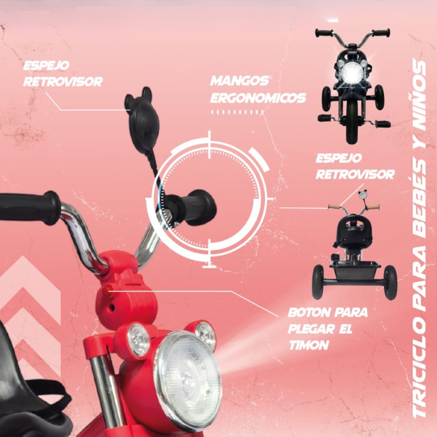 TRICICLO INFANTIL 3 RUEDAS PARA BEBÉS Y NIÑOS 1.5 A 5 AÑOS ESTILO MOTO BABY CAM CON ASIENTO, CINTURÓN Y CANASTA - 4