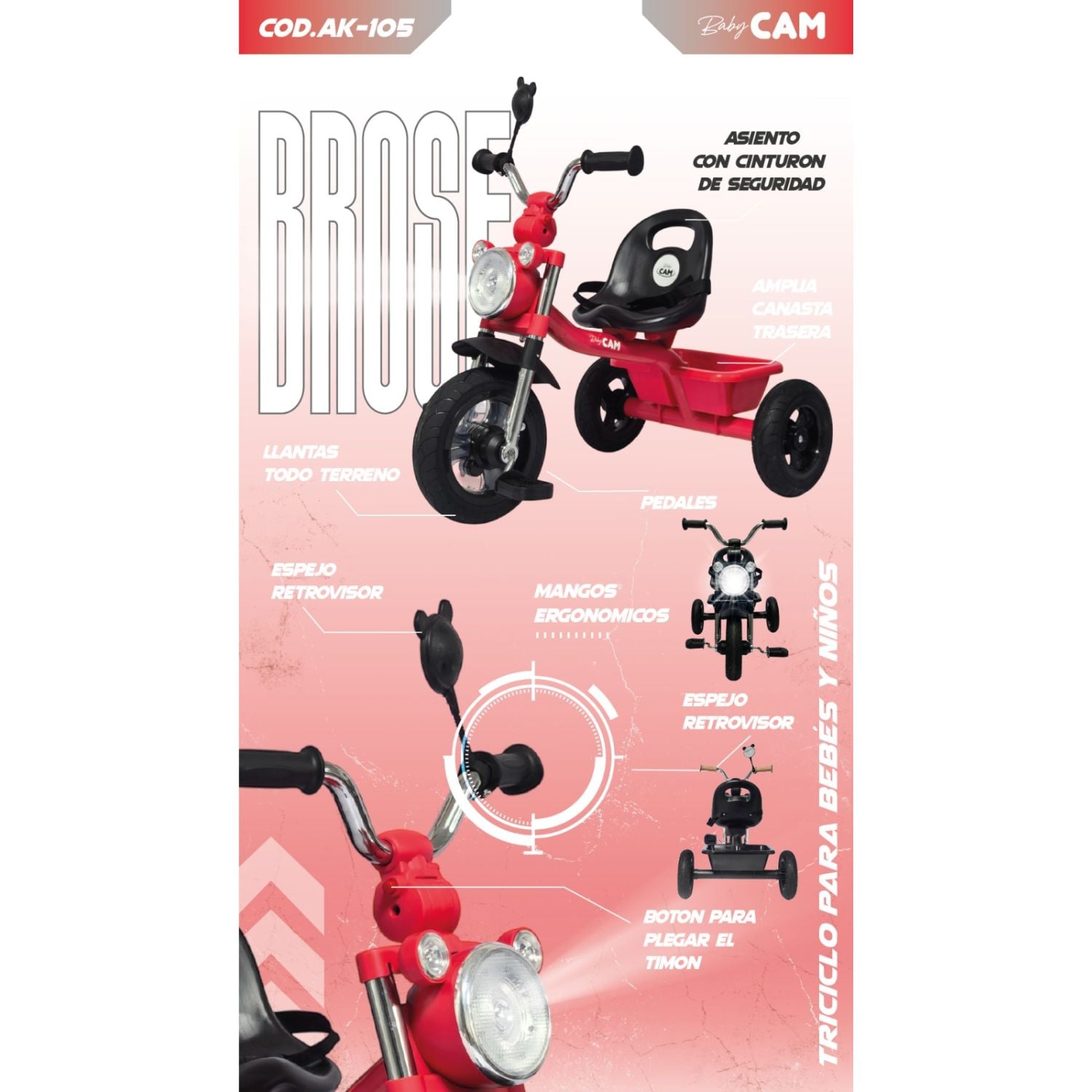 TRICICLO INFANTIL 3 RUEDAS PARA BEBÉS Y NIÑOS 1.5 A 5 AÑOS ESTILO MOTO BABY CAM CON ASIENTO, CINTURÓN Y CANASTA - 5