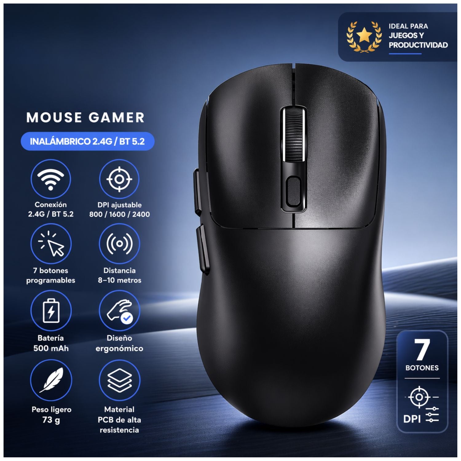 MOUSE BLUETOOTH RECARGABLE ERGONÓMICO 2.4G CON BOTONES LATERALES DPI AJUSTABLE PARA OFICINA ESTUDIO Y HOGAR - 2