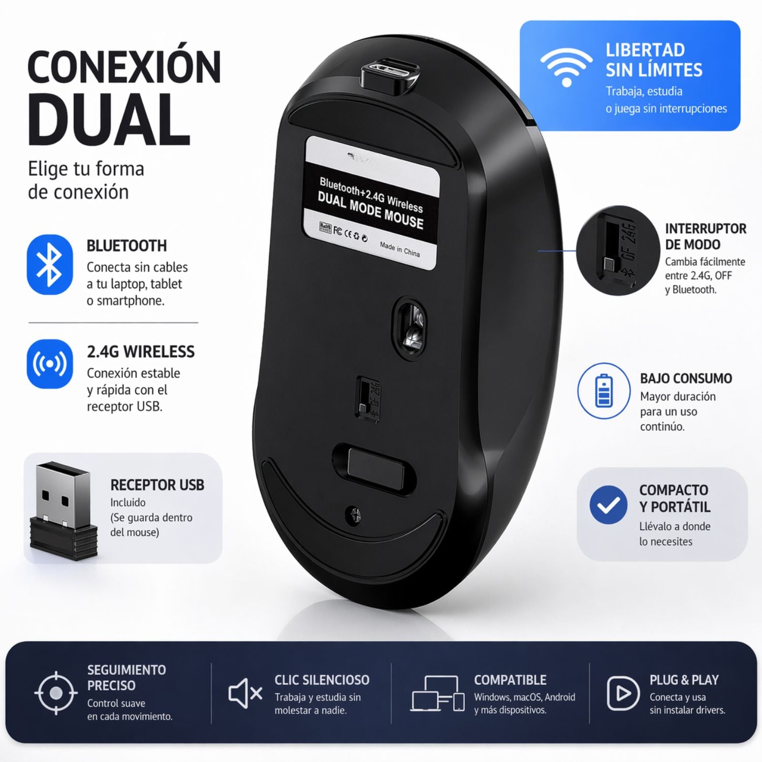 MOUSE BLUETOOTH RECARGABLE ERGONÓMICO 2.4G CON BOTONES LATERALES DPI AJUSTABLE PARA OFICINA ESTUDIO Y HOGAR - 4