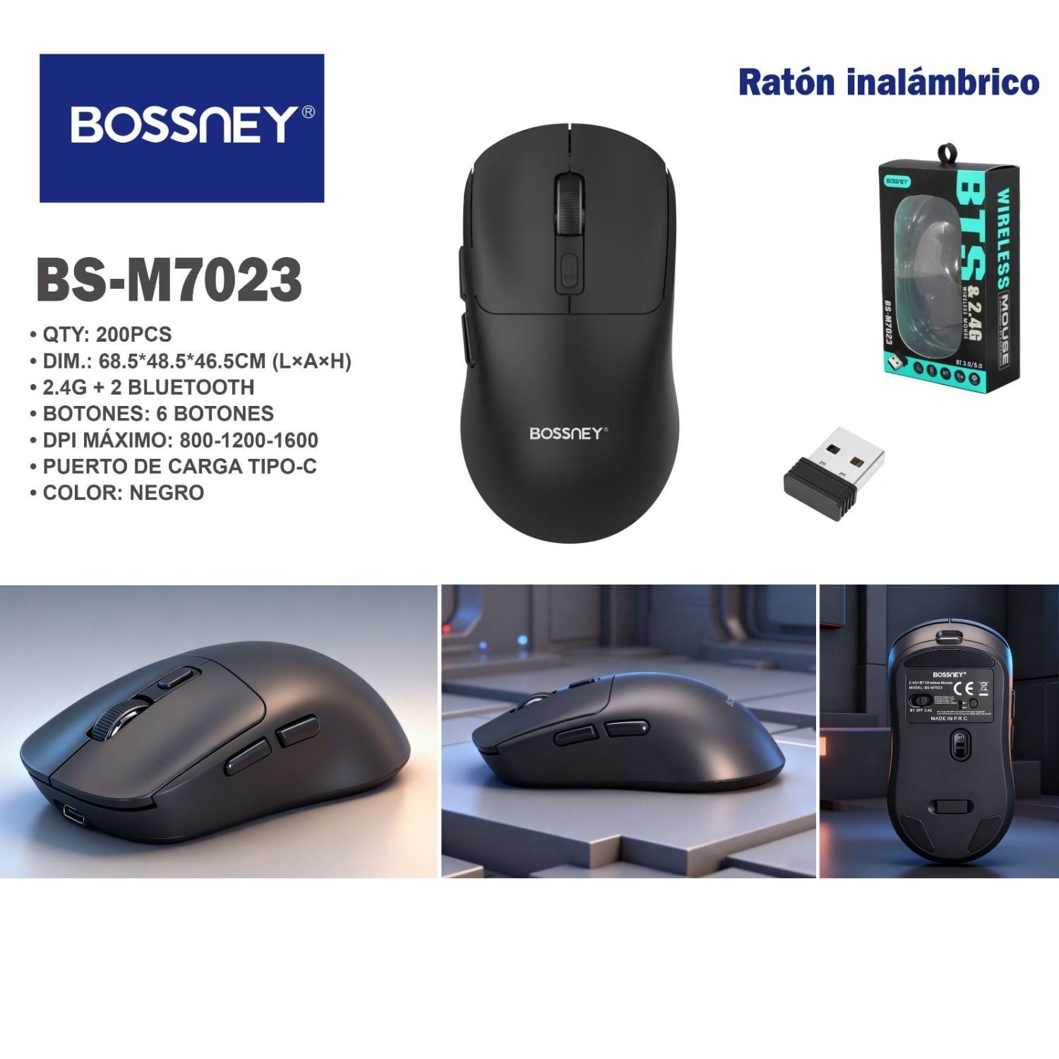MOUSE BLUETOOTH RECARGABLE ERGONÓMICO 2.4G CON BOTONES LATERALES DPI AJUSTABLE PARA OFICINA ESTUDIO Y HOGAR - 8