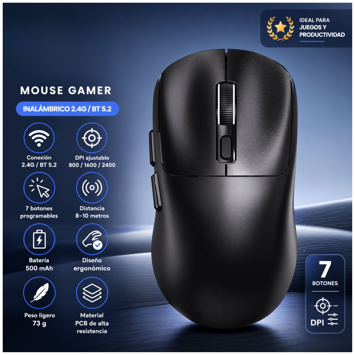 MOUSE INALÁMBRICO BLUETOOTH 2.4G RECARGABLE TIPO C DPI AJUSTABLE 800 1600 2400 ERGONÓMICO PARA LAPTOP PC - 2