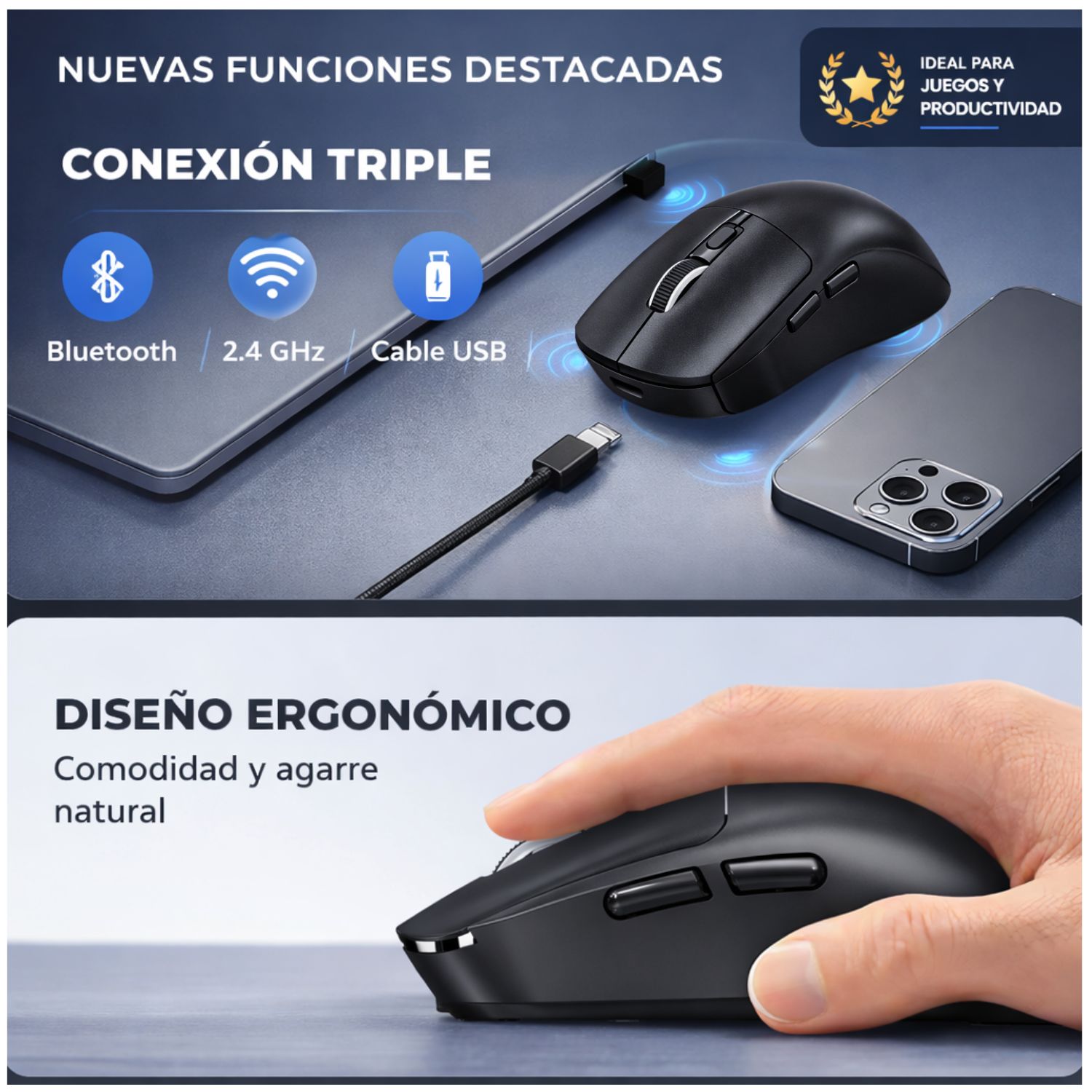 MOUSE INALÁMBRICO BLUETOOTH 2.4G RECARGABLE TIPO C DPI AJUSTABLE 800 1600 2400 ERGONÓMICO PARA LAPTOP PC - 3