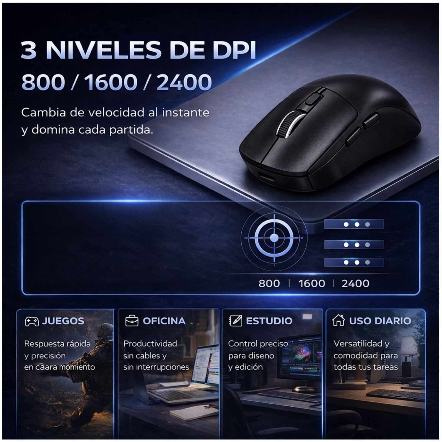 MOUSE INALÁMBRICO BLUETOOTH 2.4G RECARGABLE TIPO C DPI AJUSTABLE 800 1600 2400 ERGONÓMICO PARA LAPTOP PC - 5