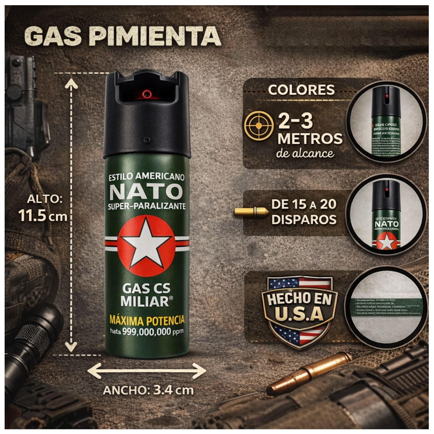 PACK 3 GAS PIMIENTA 60ML ESTILO AMERICANO SEGURIDAD PORTÁTIL ALCANCE 3M - 3