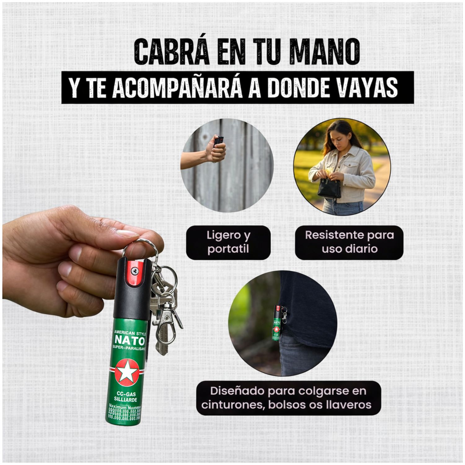 GAS PIMIENTA LLAVERO 20ML COMPACTO CON SEGURO Y CLIP PORTÁTIL - 3