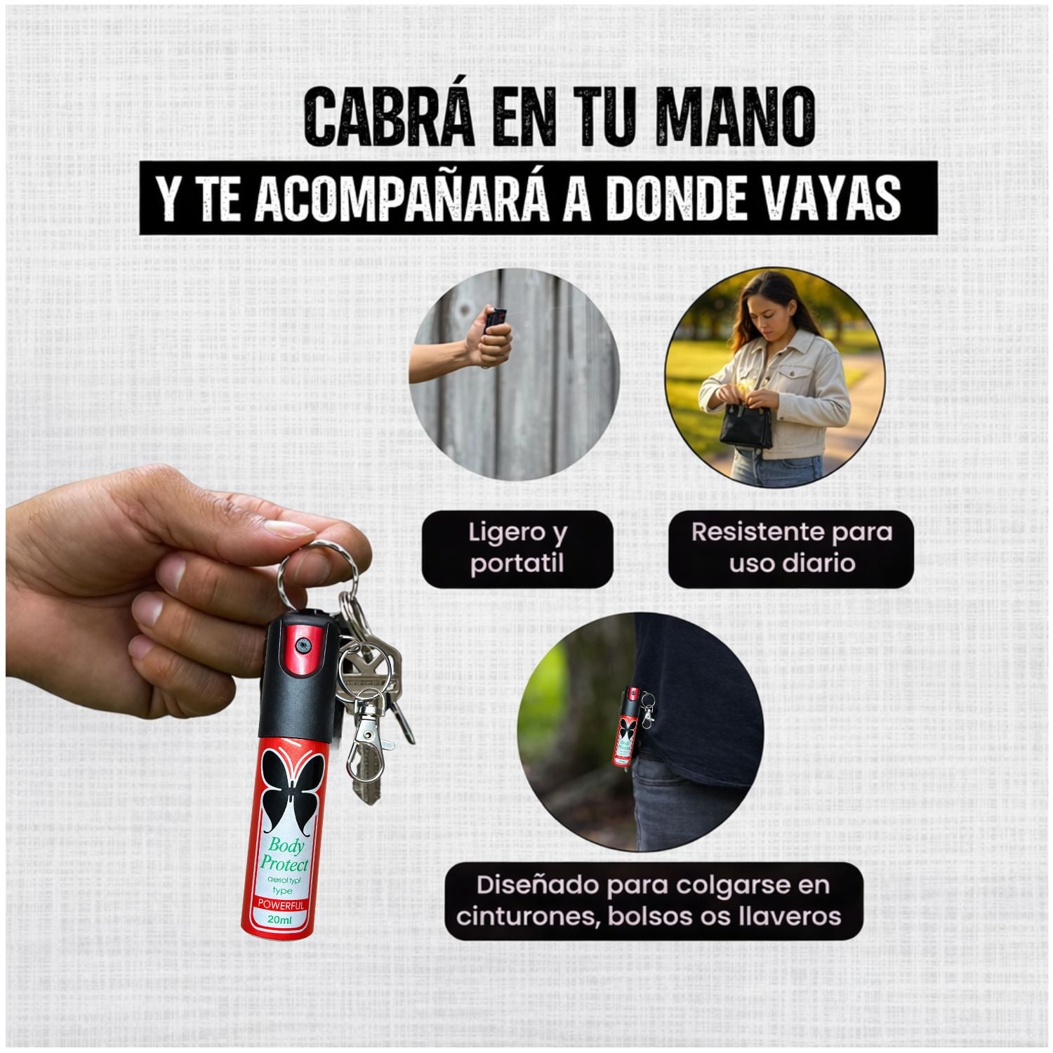 GAS PIMIENTA LLAVERO 20ML COMPACTO CON SEGURO Y CLIP PORTÁTIL - 3