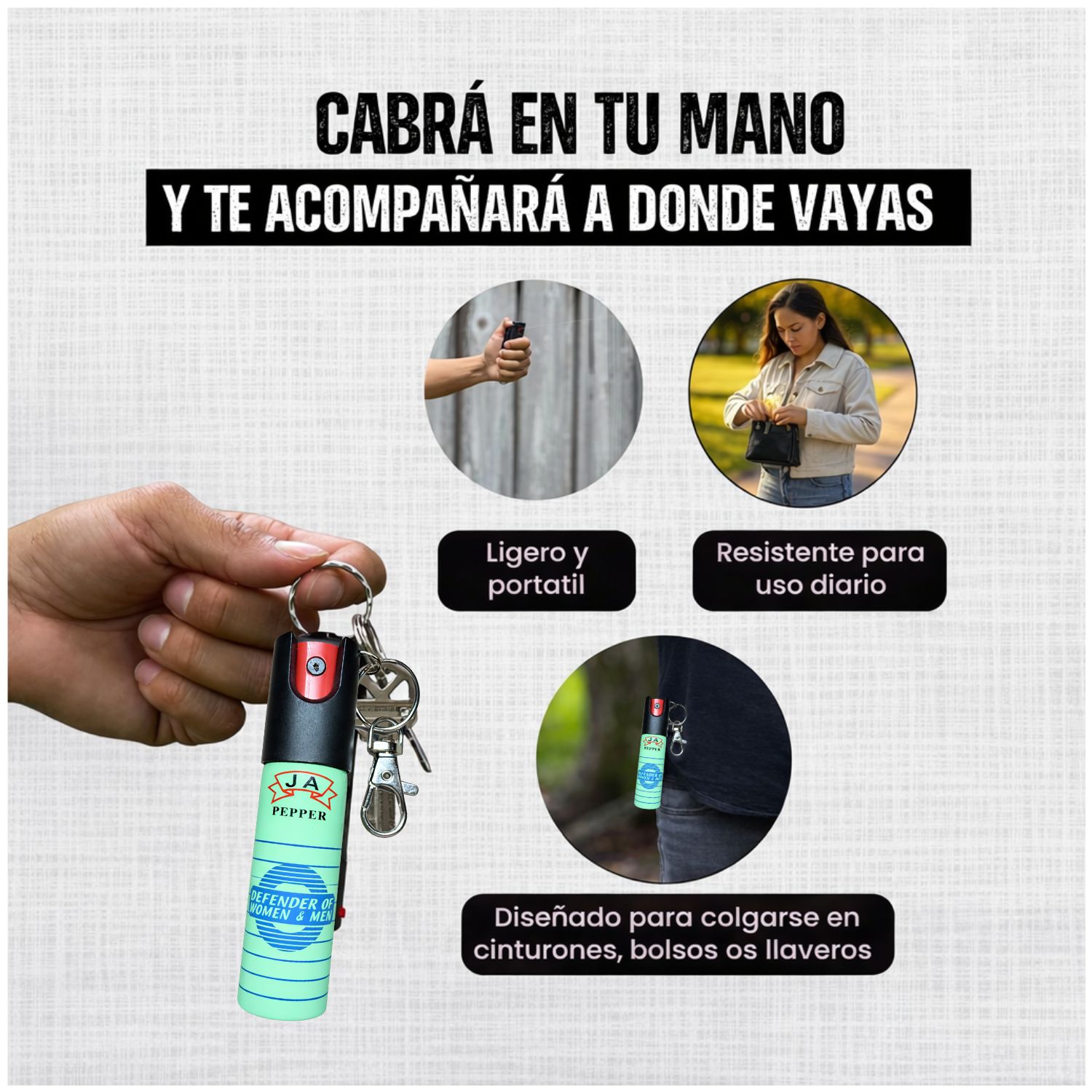 GAS PIMIENTA LLAVERO 20ML COMPACTO CON SEGURO Y CLIP PORTÁTIL - 3