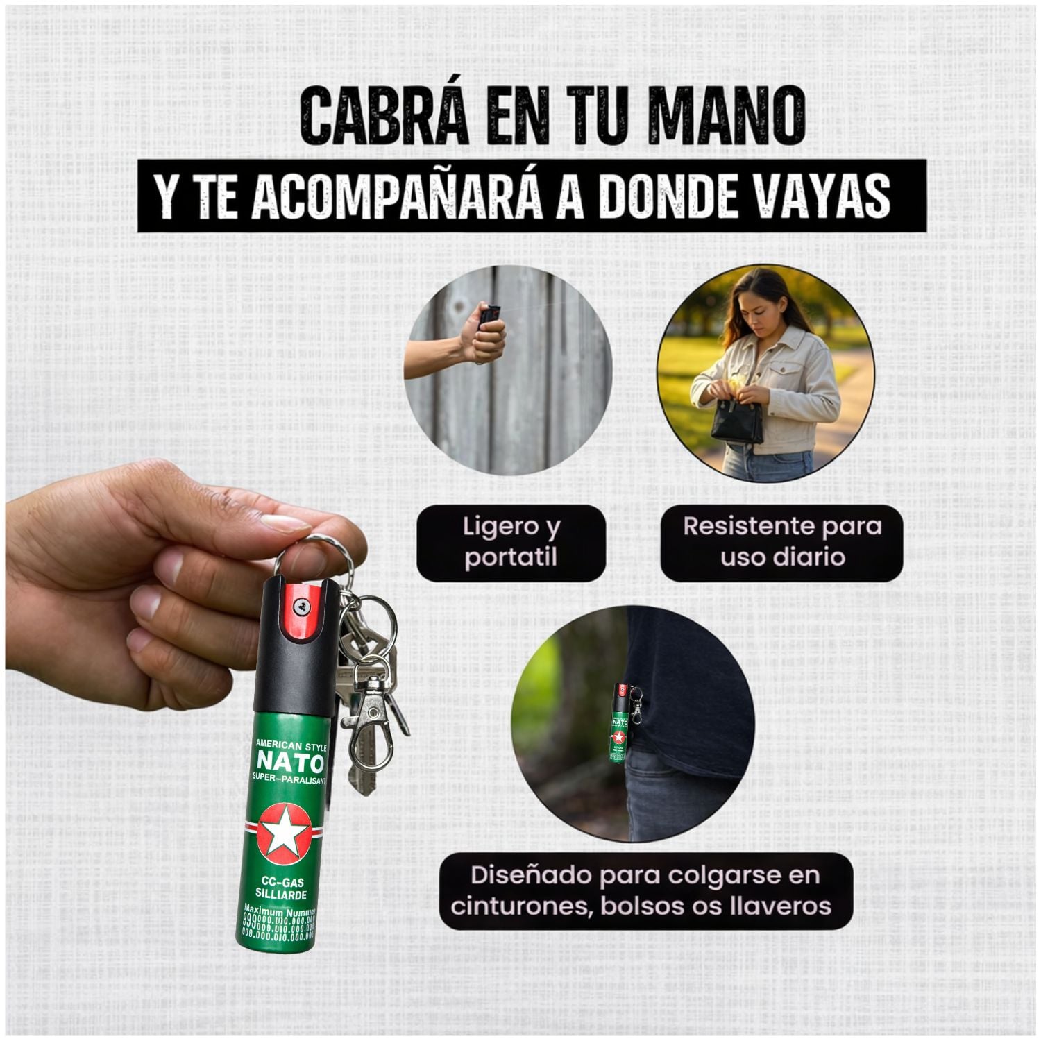 GAS PIMIENTA LLAVERO 20ML COMPACTO CON SEGURO Y CLIP PORTÁTIL - 3