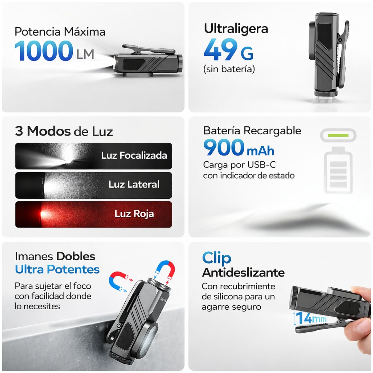 LINTERNA LED RECARGABLE ALTA POTENCIA 1000 LÚMENES CON LUZ ROJA, IMÁN Y CLIP MANOS LIBRES PARA EMERGENCIAS - 3