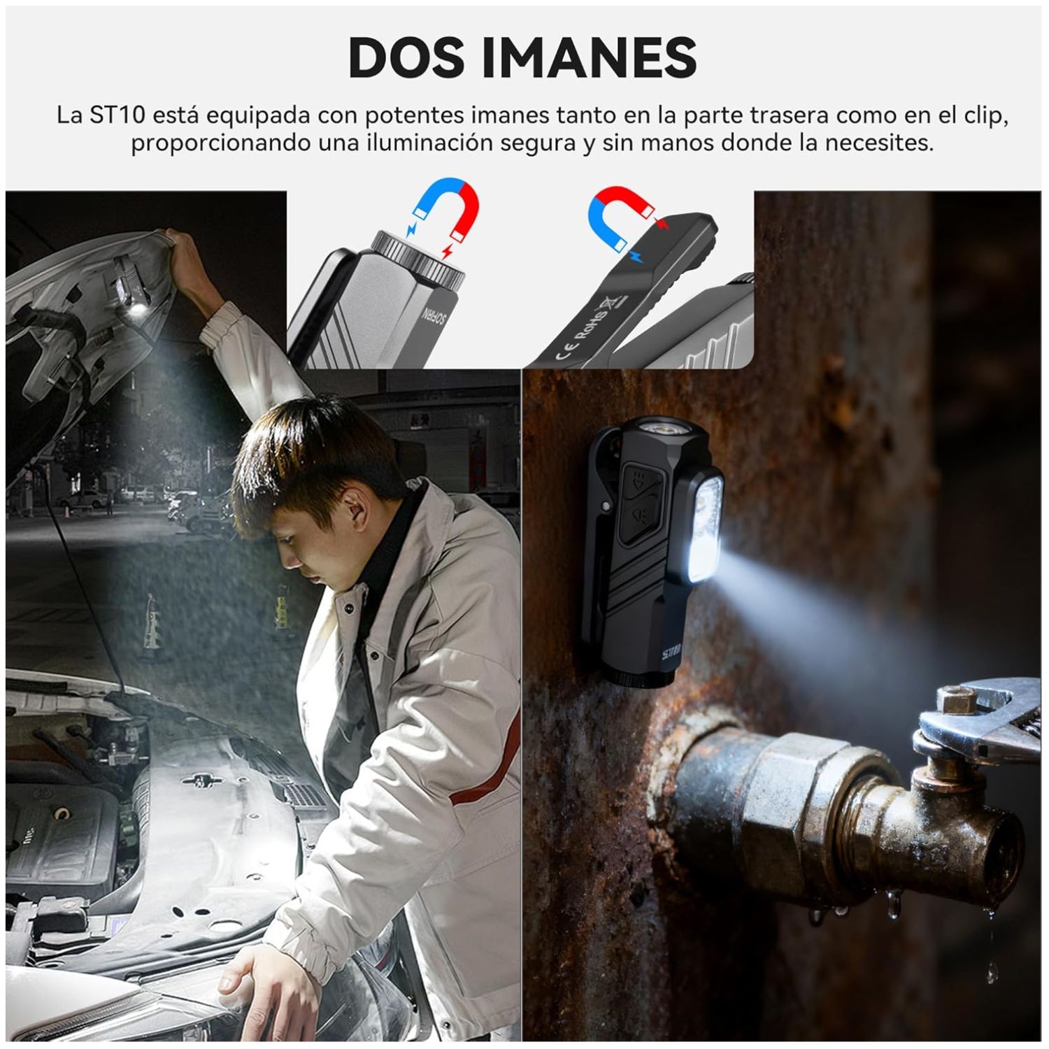 LINTERNA LED RECARGABLE ALTA POTENCIA 1000 LÚMENES CON LUZ ROJA, IMÁN Y CLIP MANOS LIBRES PARA EMERGENCIAS - 10