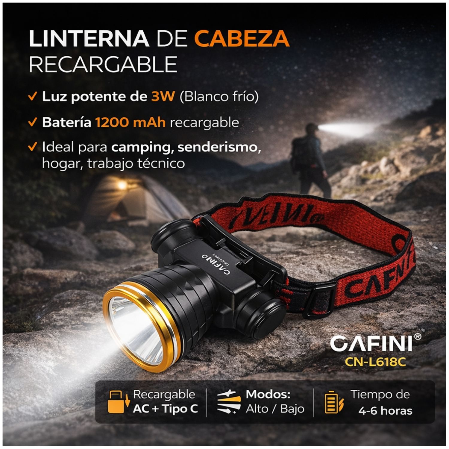 LINTERNA DE CABEZA LED RECARGABLE 3W LUZ BLANCA AJUSTABLE MANOS LIBRES PARA CAMPING SEGURIDAD Y TRABAJO NOCTURNO - 2