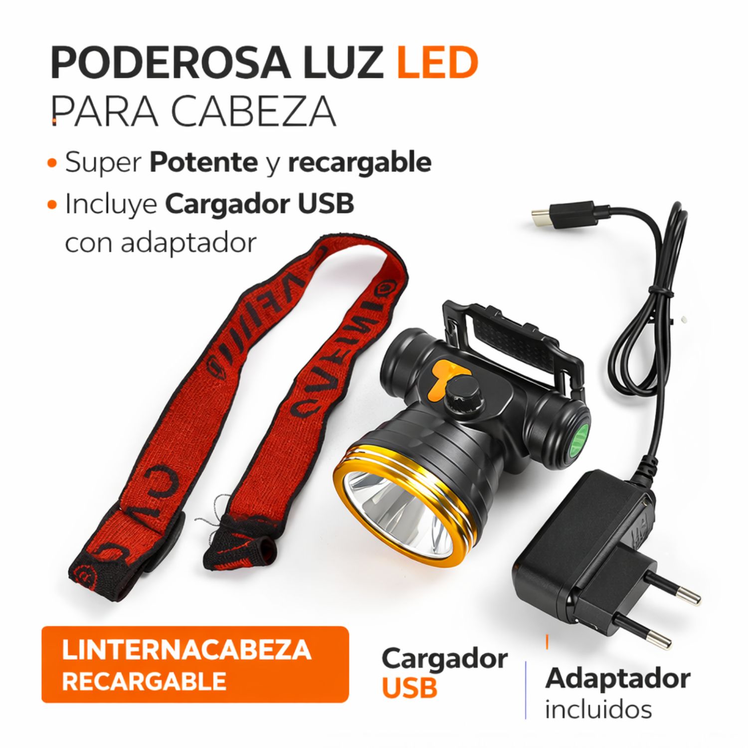 LINTERNA DE CABEZA LED RECARGABLE 3W LUZ BLANCA AJUSTABLE MANOS LIBRES PARA CAMPING SEGURIDAD Y TRABAJO NOCTURNO - 3