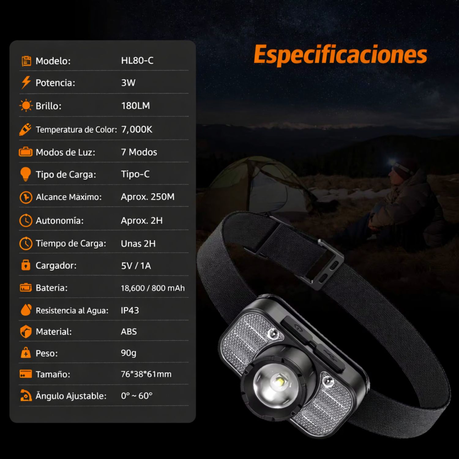 LINTERNA DE CABEZA RECARGABLE CON SENSOR MANOS LIBRES, LUZ ROJA Y ZOOM AJUSTABLE USB-C - 2