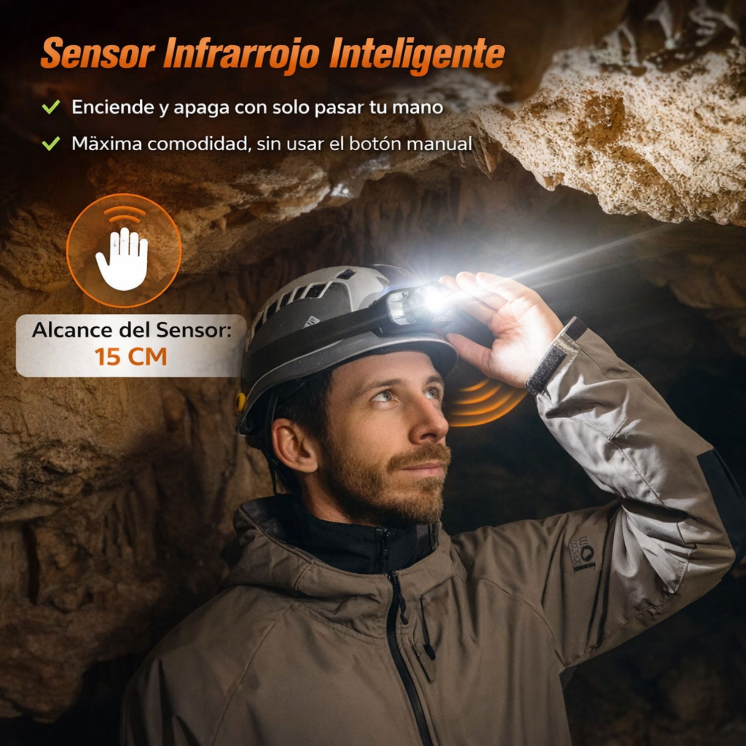 LINTERNA DE CABEZA RECARGABLE CON SENSOR MANOS LIBRES, LUZ ROJA Y ZOOM AJUSTABLE USB-C - 4