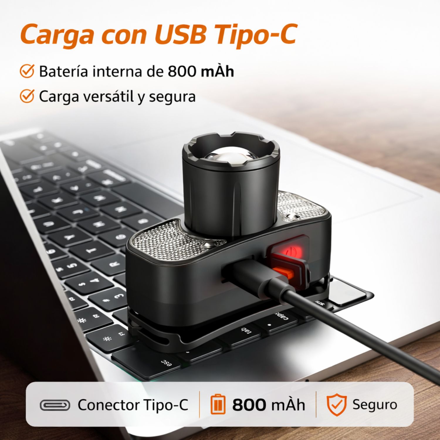 LINTERNA DE CABEZA RECARGABLE CON SENSOR MANOS LIBRES, LUZ ROJA Y ZOOM AJUSTABLE USB-C - 5