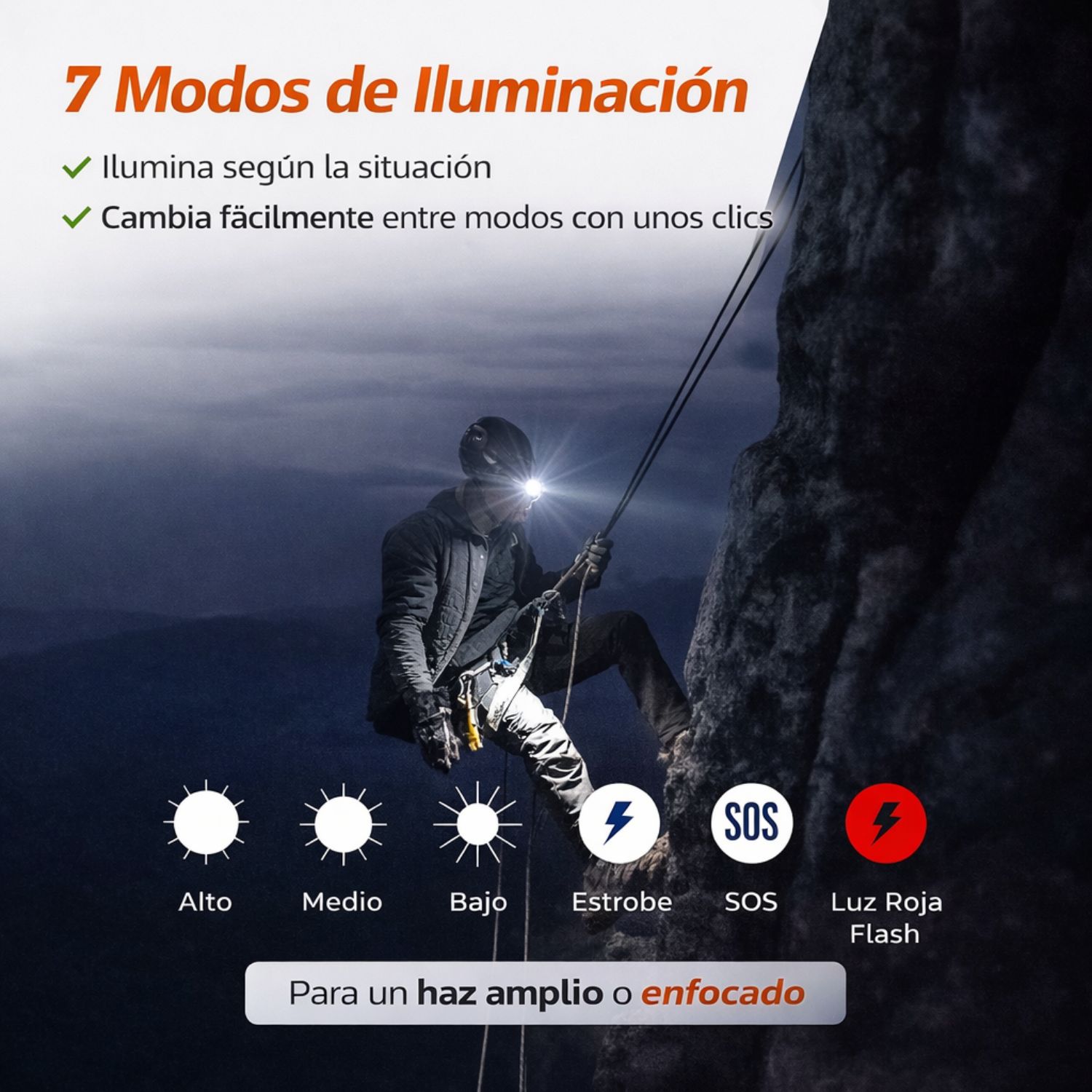 LINTERNA DE CABEZA RECARGABLE CON SENSOR MANOS LIBRES, LUZ ROJA Y ZOOM AJUSTABLE USB-C - 7