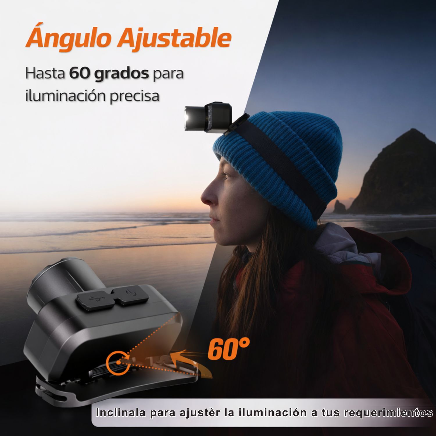 LINTERNA DE CABEZA RECARGABLE CON SENSOR MANOS LIBRES, LUZ ROJA Y ZOOM AJUSTABLE USB-C - 8