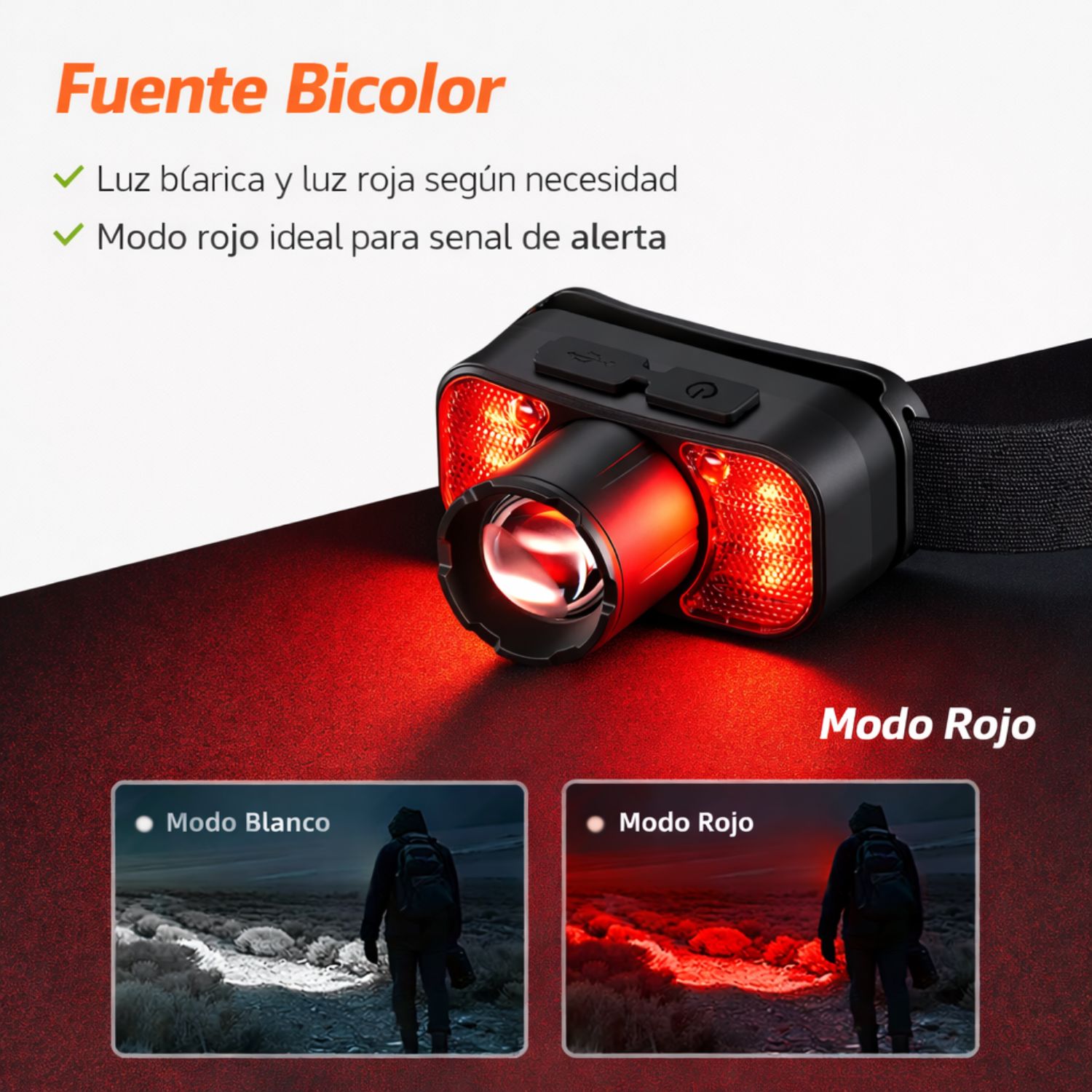 LINTERNA DE CABEZA RECARGABLE CON SENSOR MANOS LIBRES, LUZ ROJA Y ZOOM AJUSTABLE USB-C - 9