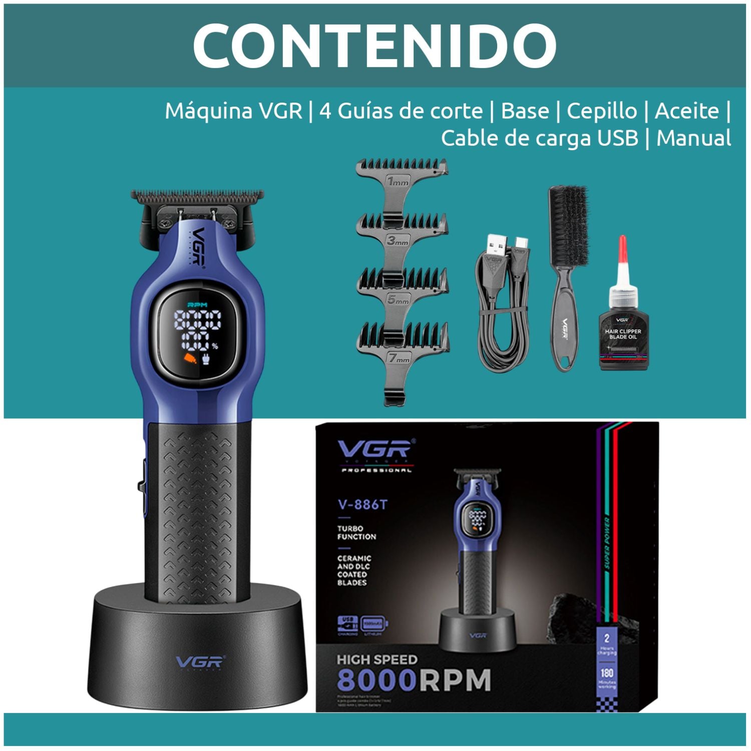 MAQUINA CORTA PELO PROFESIONAL INALAMBRICA 8000RPM CON BASE PANTALLA DIGITAL IDEAL PARA BARBERIA Y USO EN CASA - 2