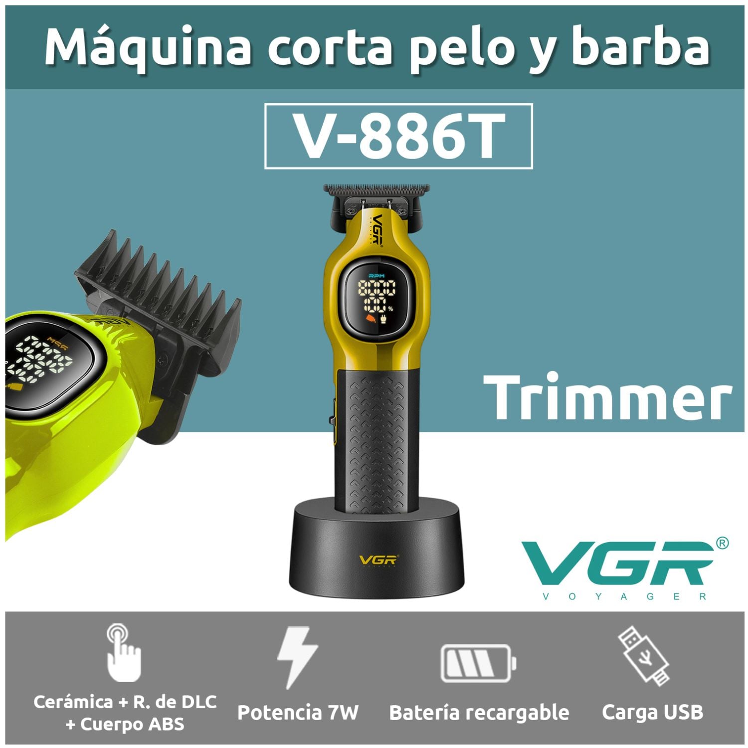 MAQUINA CORTA PELO PROFESIONAL INALAMBRICA 8000RPM CON BASE PANTALLA DIGITAL IDEAL PARA BARBERIA Y USO EN CASA - 3