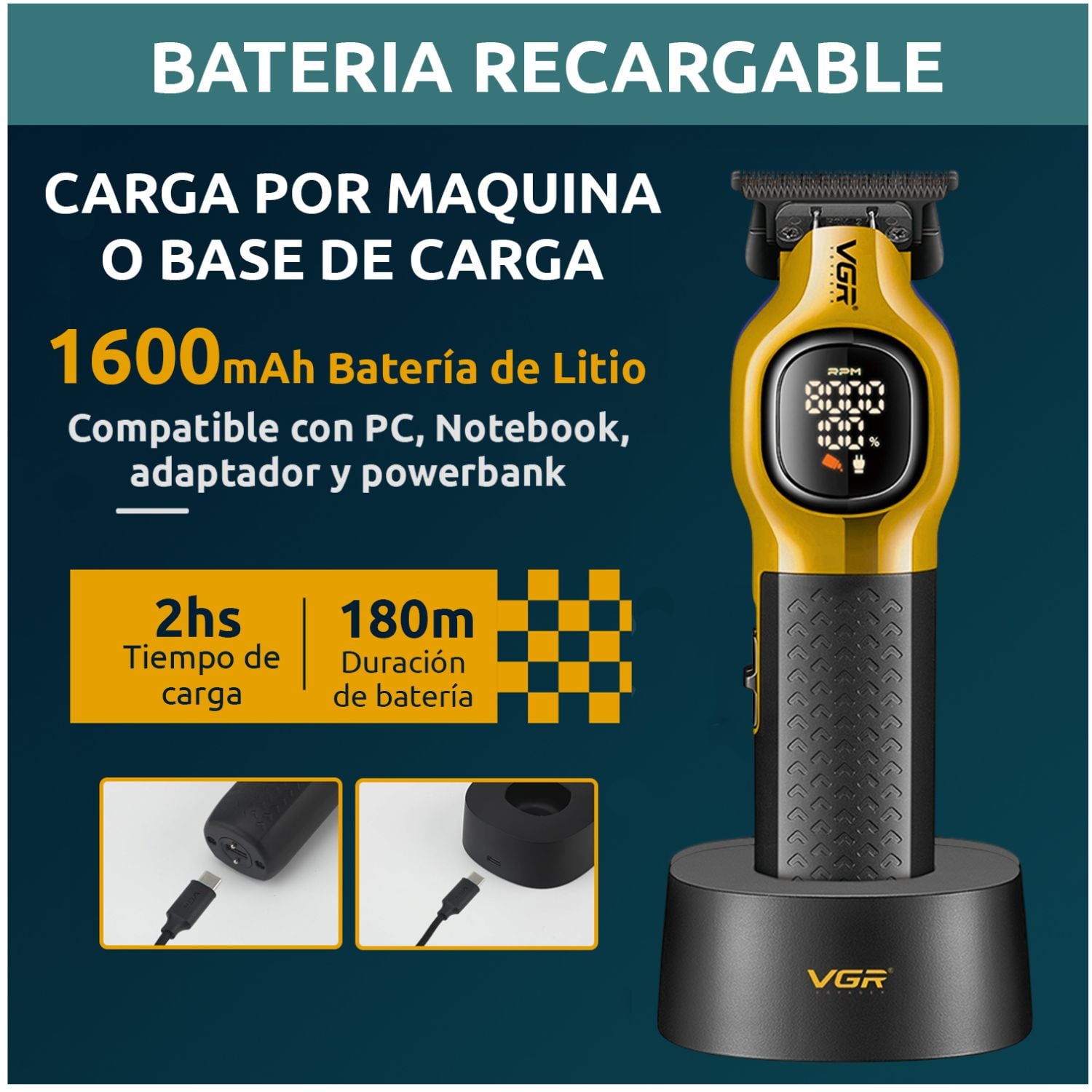 MAQUINA CORTA PELO PROFESIONAL INALAMBRICA 8000RPM CON BASE PANTALLA DIGITAL IDEAL PARA BARBERIA Y USO EN CASA - 5