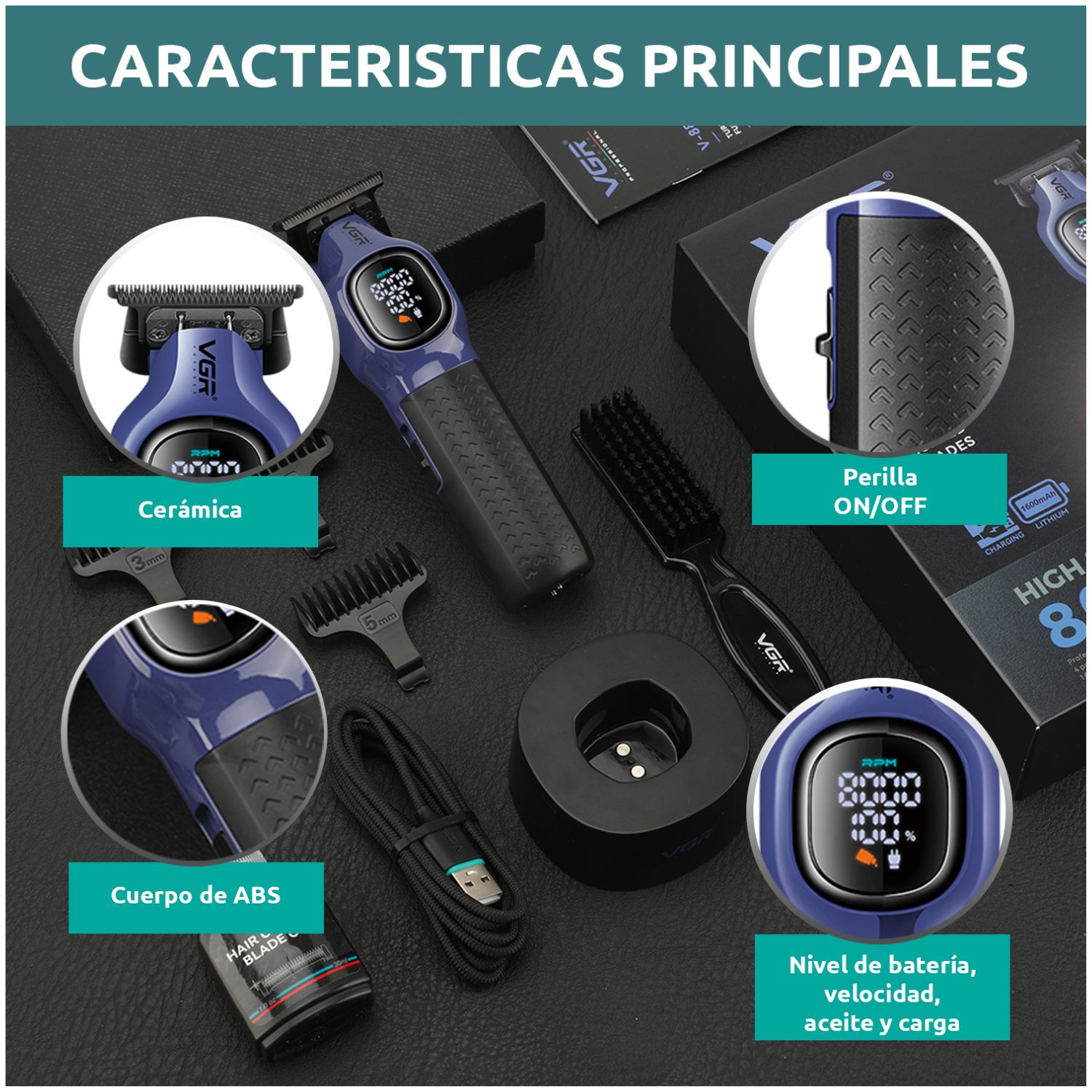 MAQUINA CORTA PELO PROFESIONAL INALAMBRICA 8000RPM CON BASE PANTALLA DIGITAL IDEAL PARA BARBERIA Y USO EN CASA - 6