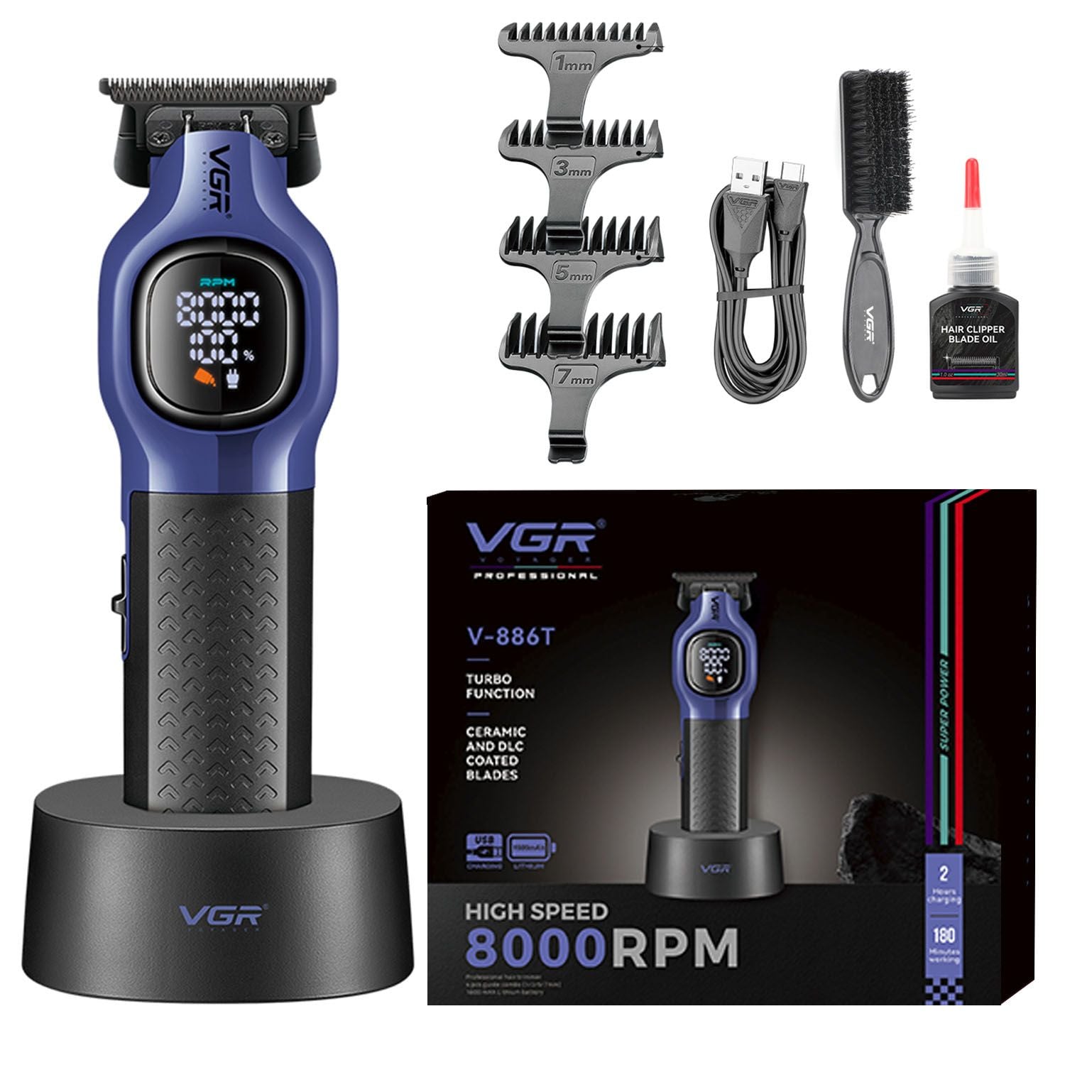 MAQUINA CORTA PELO PROFESIONAL INALAMBRICA 8000RPM CON BASE PANTALLA DIGITAL IDEAL PARA BARBERIA Y USO EN CASA - 1