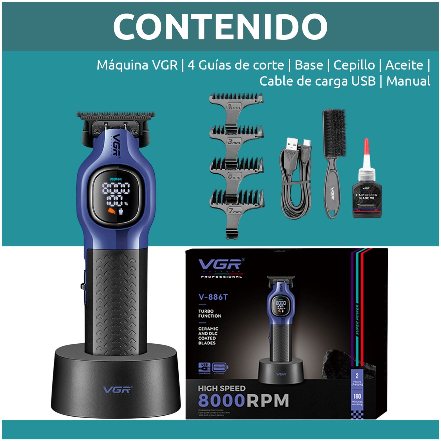 MAQUINA CORTA PELO PROFESIONAL INALAMBRICA 8000RPM CON BASE PANTALLA DIGITAL IDEAL PARA BARBERIA Y USO EN CASA - 2