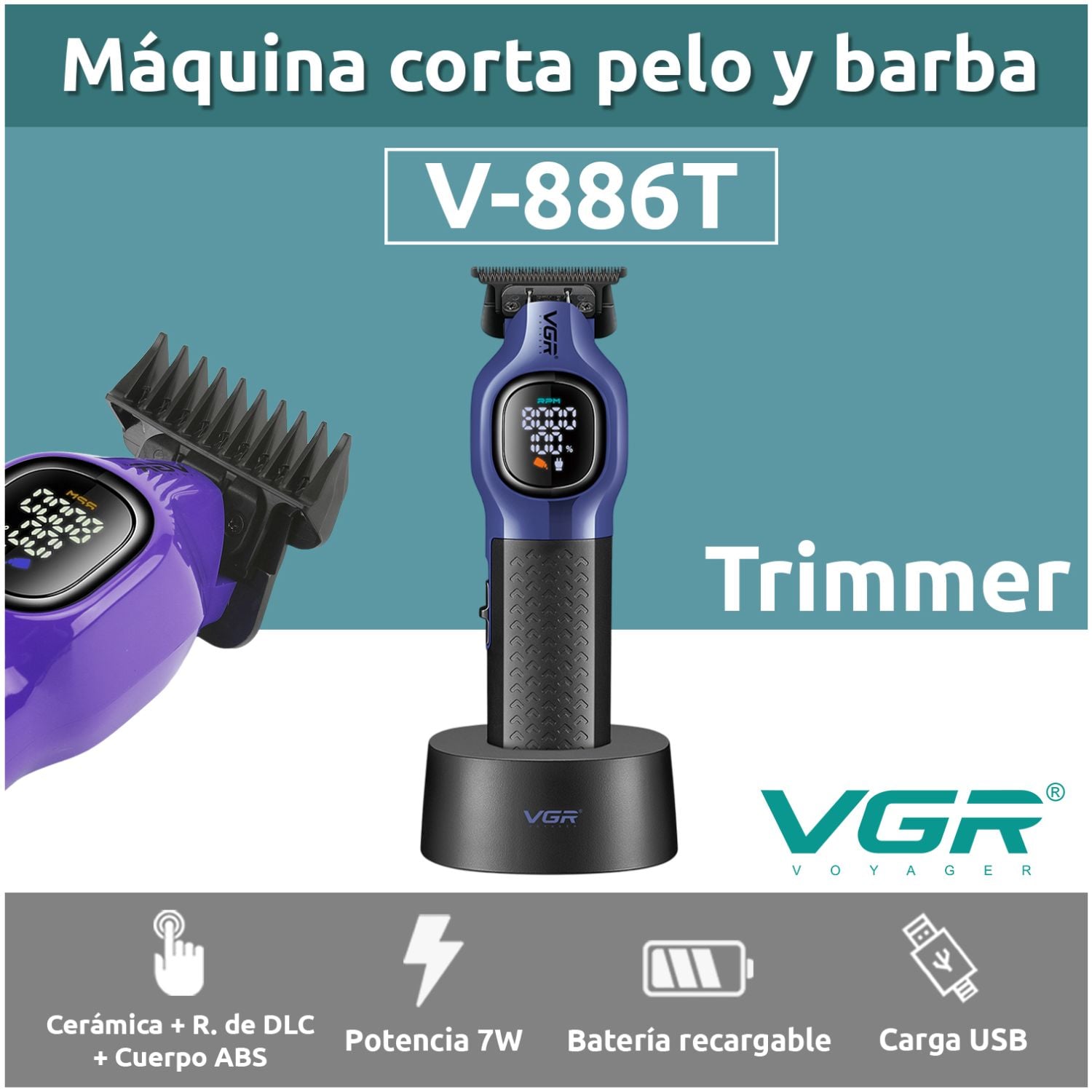MAQUINA CORTA PELO PROFESIONAL INALAMBRICA 8000RPM CON BASE PANTALLA DIGITAL IDEAL PARA BARBERIA Y USO EN CASA - 3