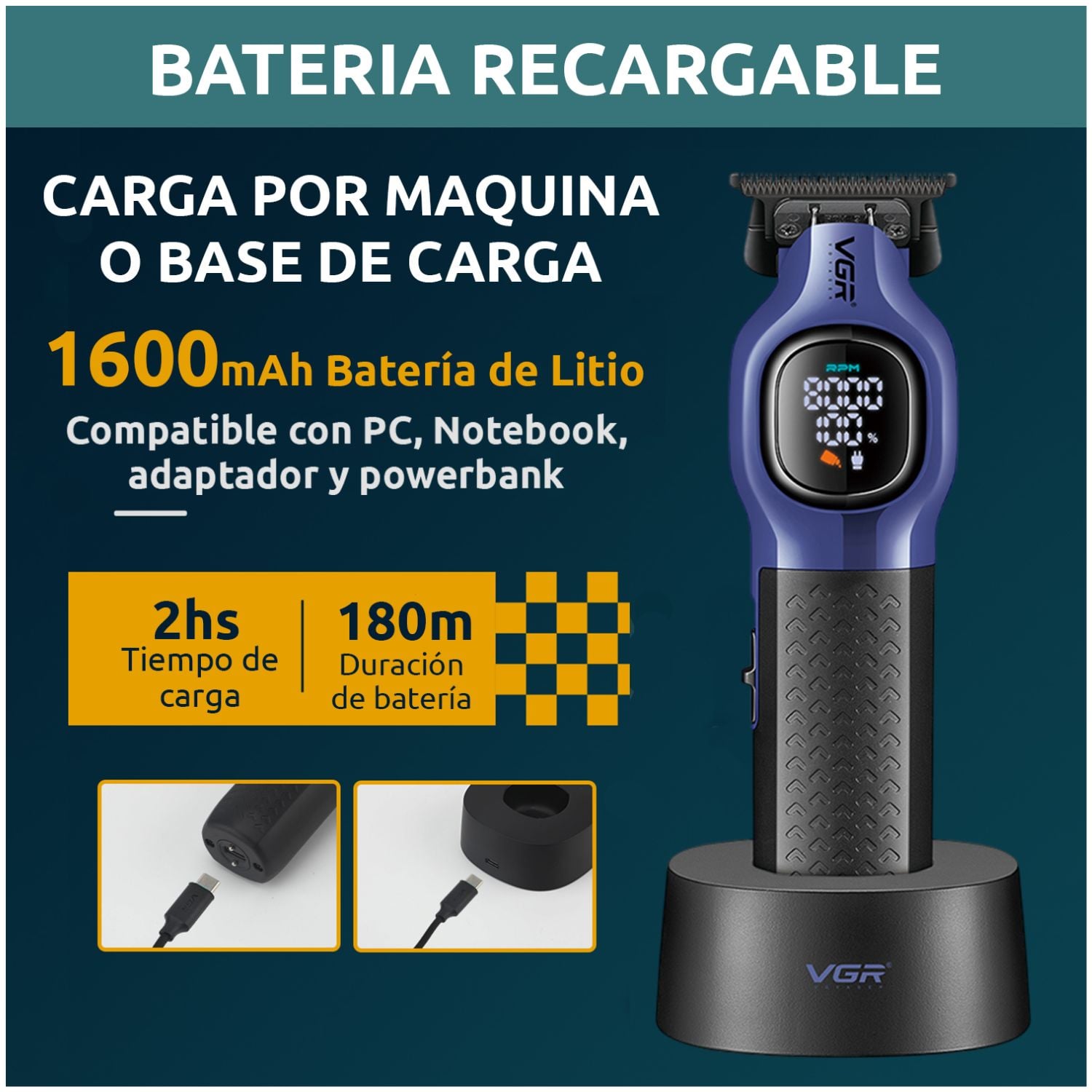 MAQUINA CORTA PELO PROFESIONAL INALAMBRICA 8000RPM CON BASE PANTALLA DIGITAL IDEAL PARA BARBERIA Y USO EN CASA - 5