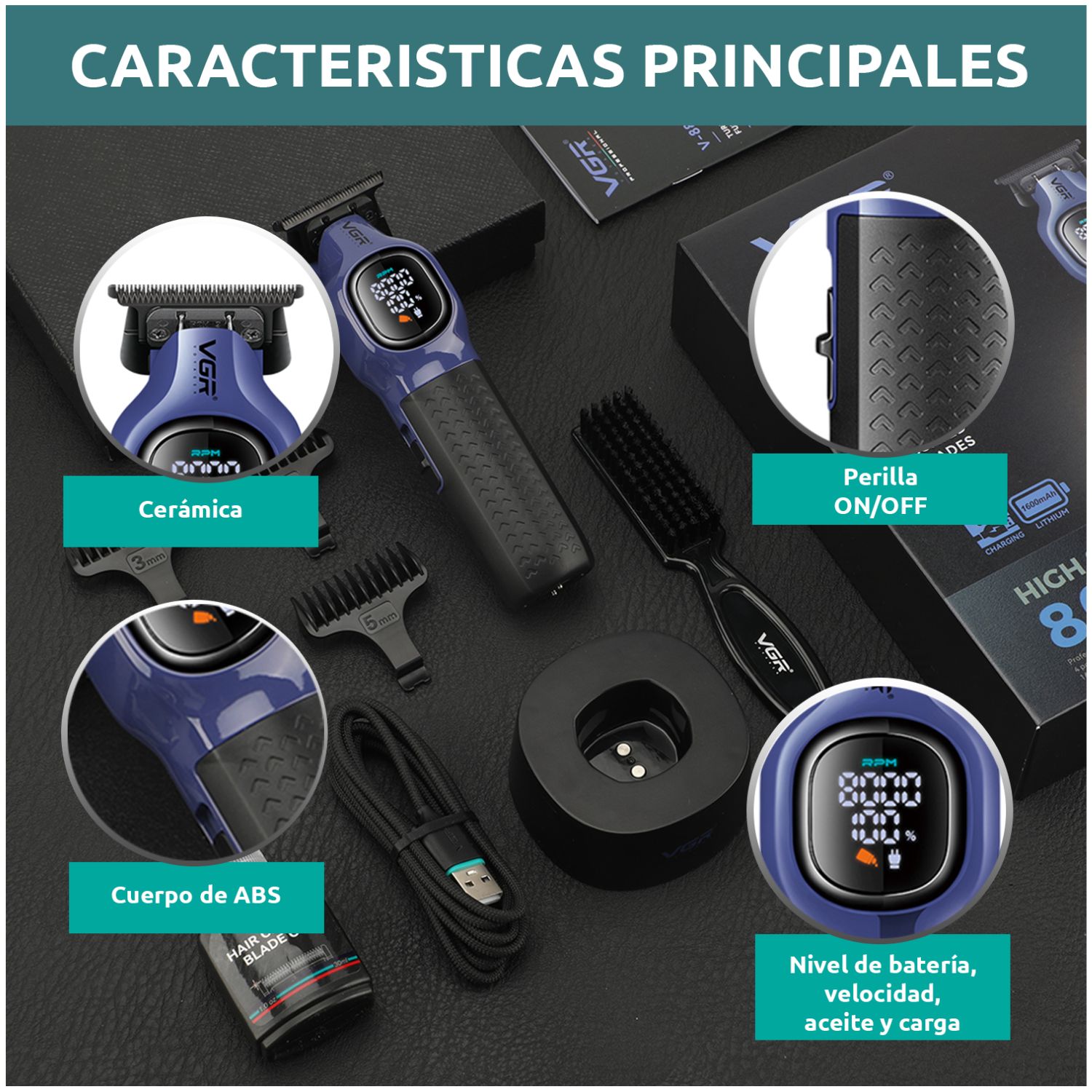 MAQUINA CORTA PELO PROFESIONAL INALAMBRICA 8000RPM CON BASE PANTALLA DIGITAL IDEAL PARA BARBERIA Y USO EN CASA - 6