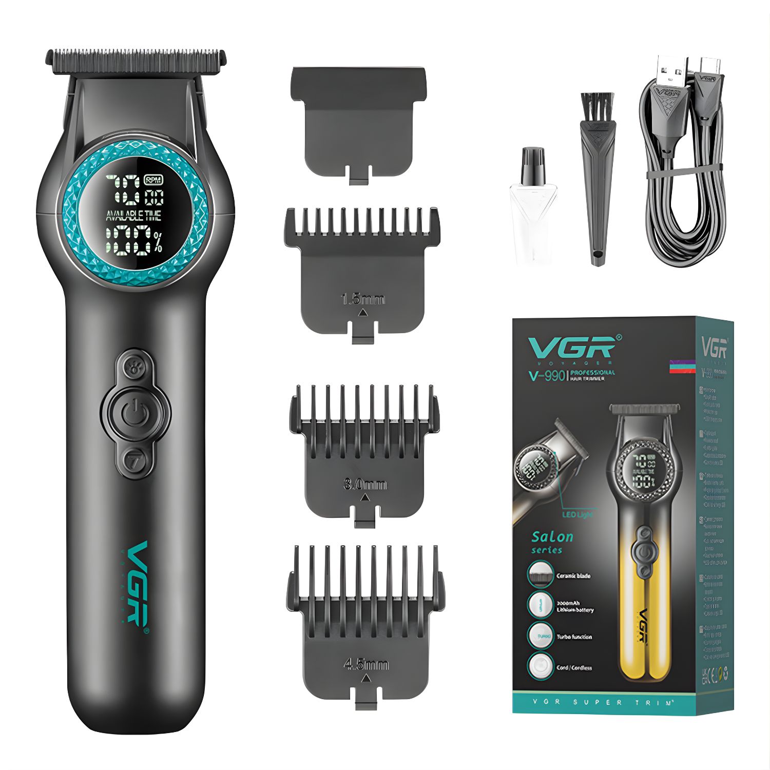 TRIMMER PROFESIONAL RECARGABLE CORTE AL RAS CON LUZ LED 8000RPM PARA BARBA CABELLO - 1